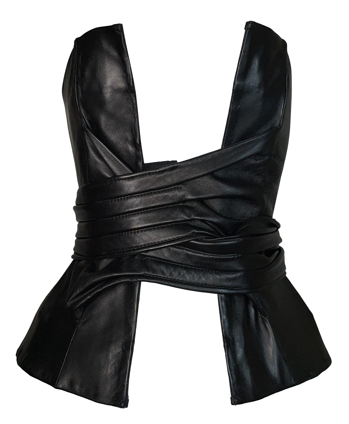 S/S 2002 Gianfranco Ferre Runway Plunging Open Chest Black Leather Bustier Top
