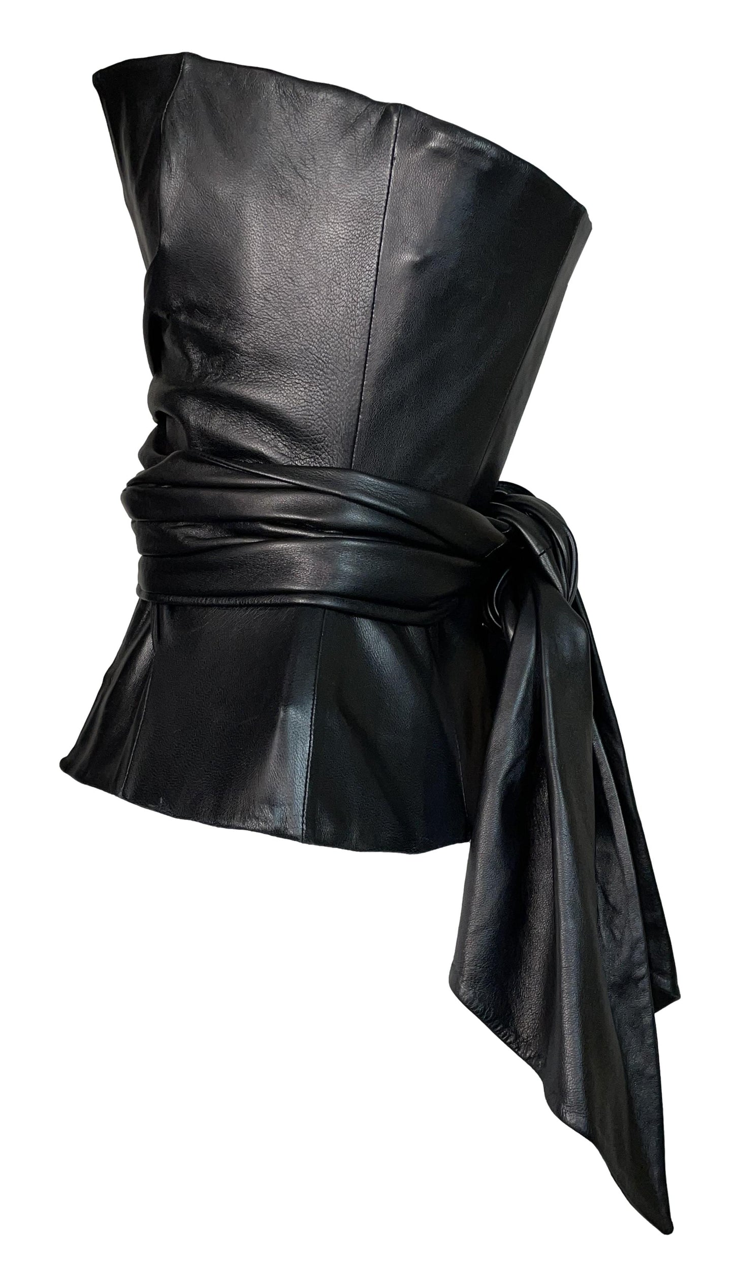S/S 2002 Gianfranco Ferre Runway Plunging Open Chest Black Leather Bustier Top
