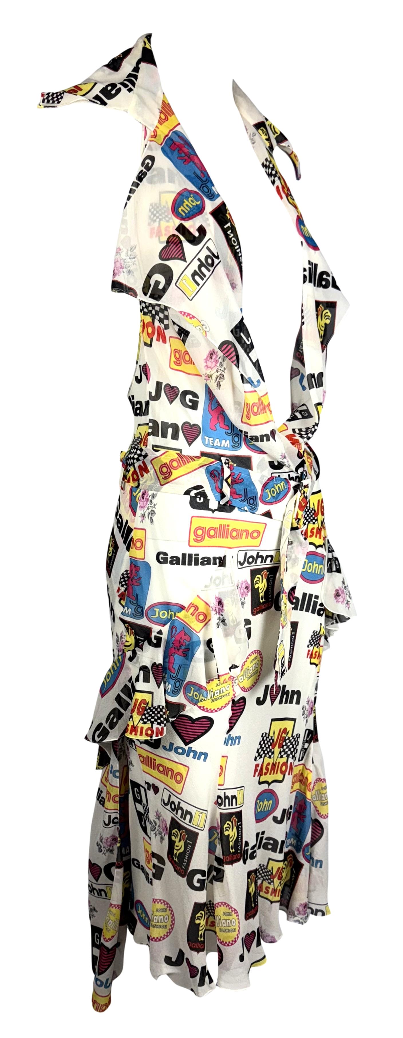 S/S 2002 John Galliano Sheer Ivory Silk Plunging Logo Formula One Racing Racing Wrap Style Dress