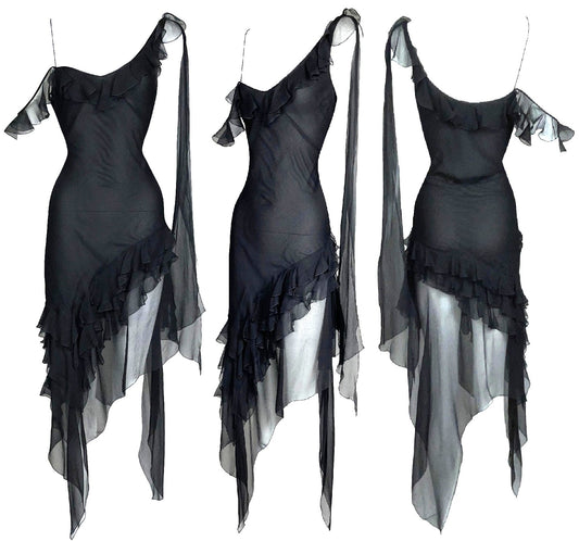 S/S 2002 John Galliano Sheer Black Silk Off Shoulder Asymmetrical Dress w Sash