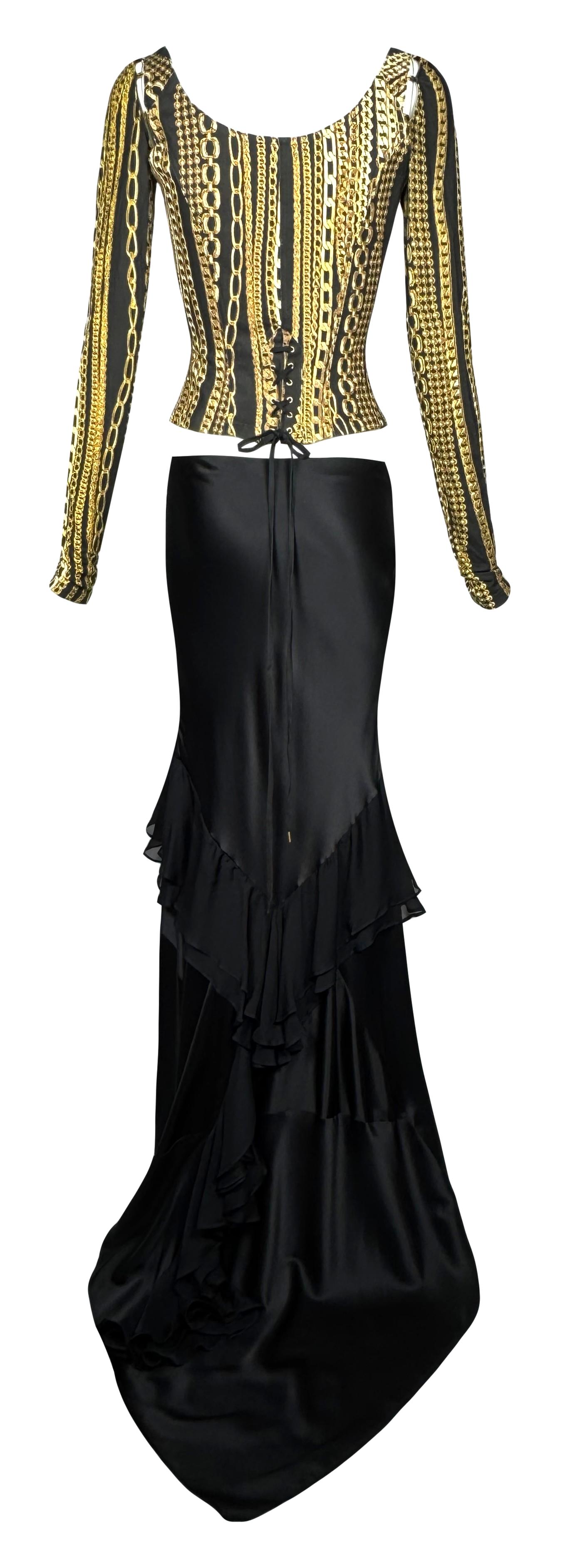 2000's Roberto Cavalli Black & Gold Chain Print Corset Top & Silk Maxi Skirt w Train Set