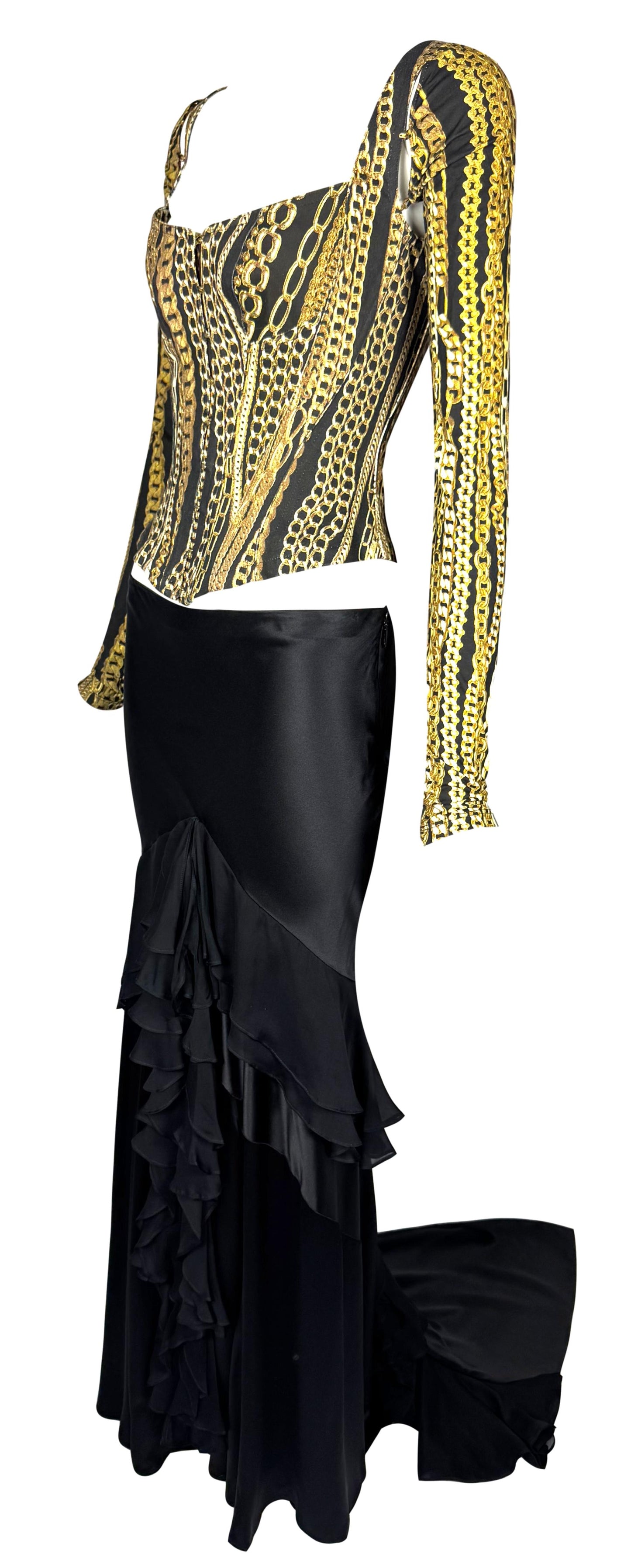 2000's Roberto Cavalli Black & Gold Chain Print Corset Top & Silk Maxi Skirt w Train Set