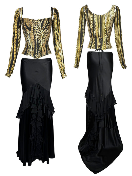 2000's Roberto Cavalli Black & Gold Chain Print Corset Top & Silk Maxi Skirt w Train Set