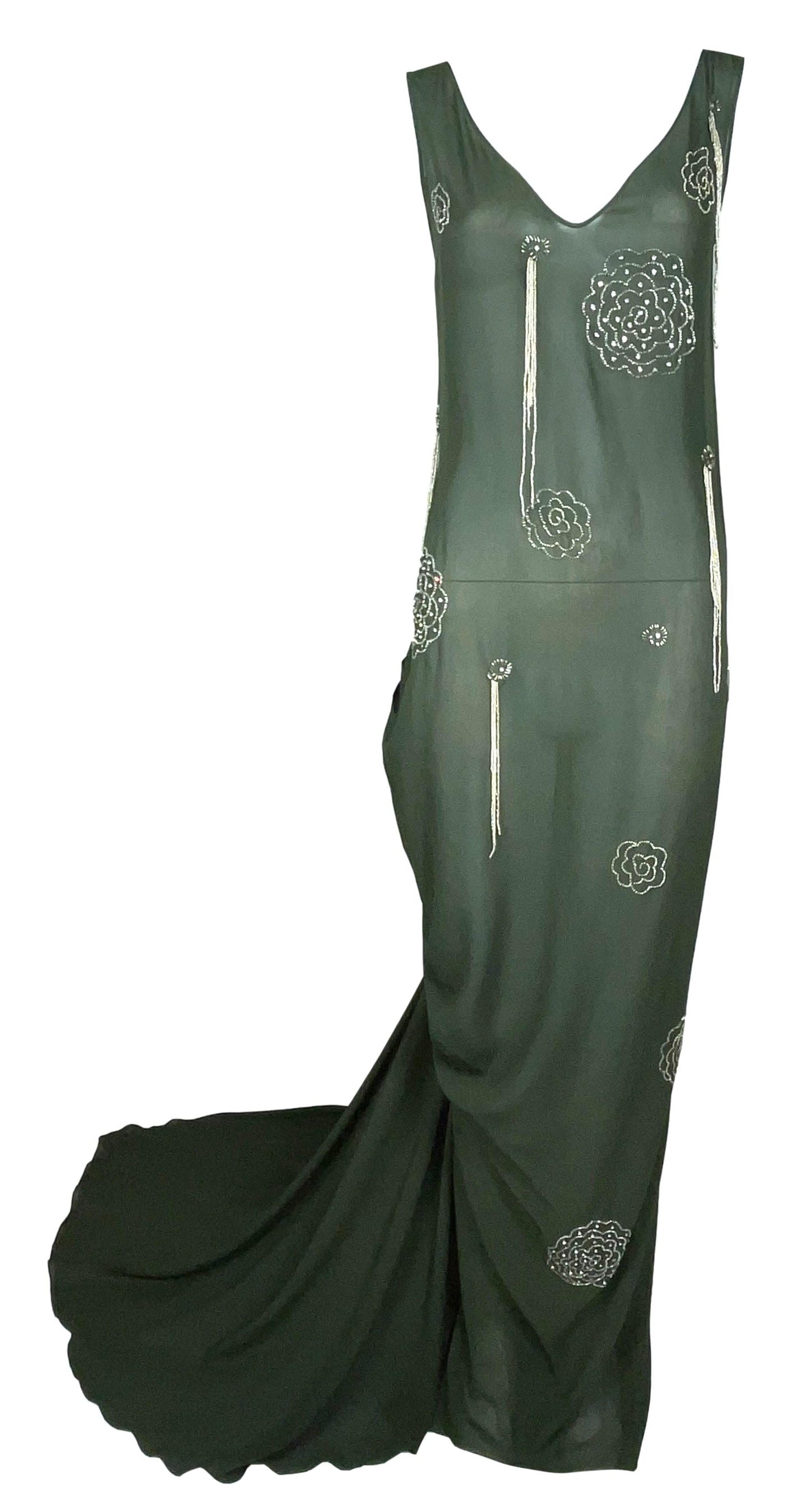 S/S 2003 John Galliano 20's Flapper Style Sheer Green Silk Embellished Gown Dress w Train