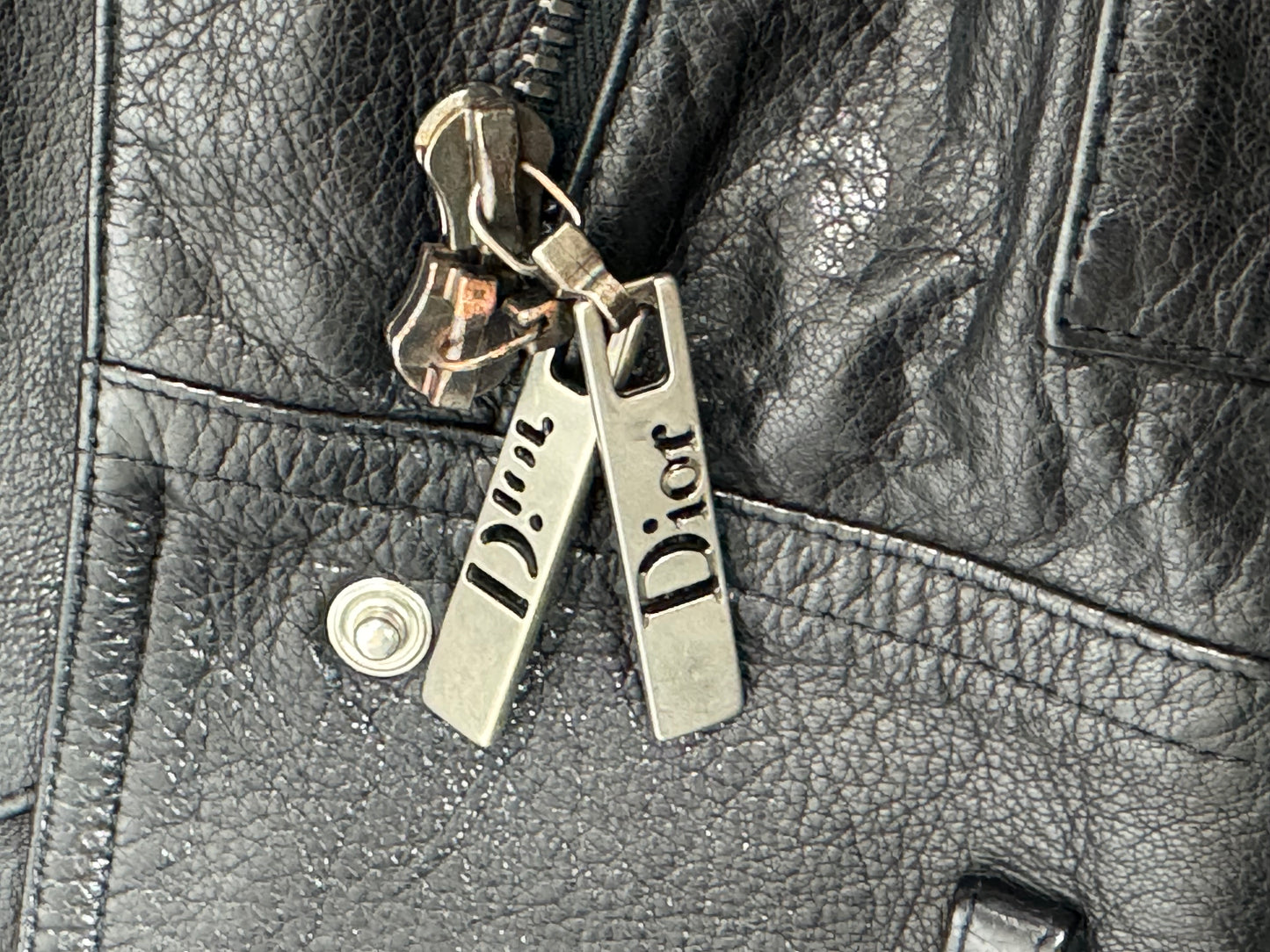 2003 & 2004 Christian Dior x John Galliano Fox Fur Black Leather Biker Jacket Metal Logo Plate & Hardcore Buckle Pencil Skirt Set