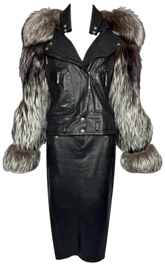 2003 & 2004 Christian Dior x John Galliano Black Leather Biker Jacket Metal Logo Plate & Hardcore Buckle Pencil Skirt Set