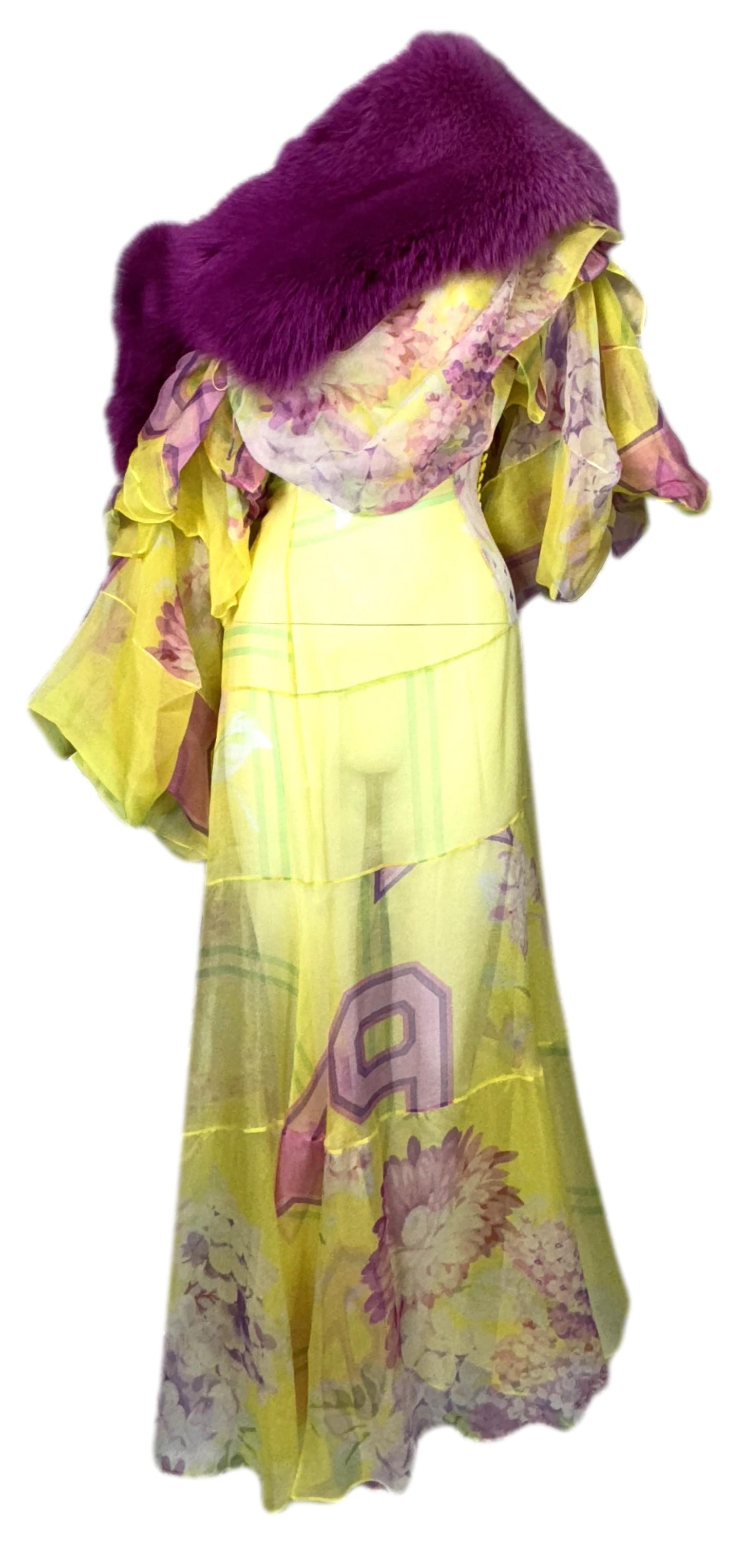 F/W 2003 Christian Dior by John Galliano Runway Sheer Yellow Star Dress & Hot Pink Fox Fur Stole