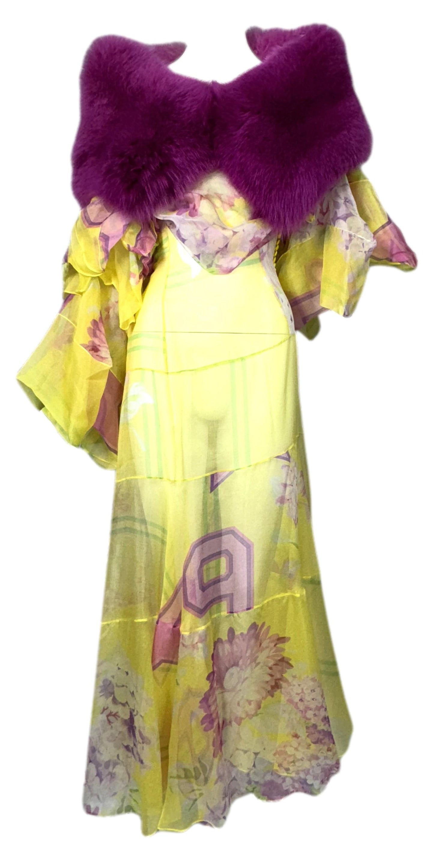 F/W 2003 Christian Dior by John Galliano Runway Sheer Yellow Star Dress & Hot Pink Fox Fur Stole