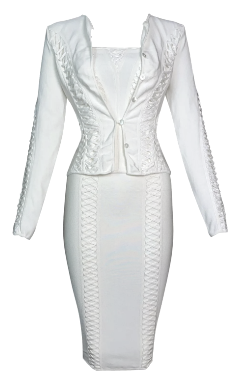 S/S 2003 Christian Dior by John Galliano Ivory Bodycon Bandage Tube Top Skirt & Jacket Set