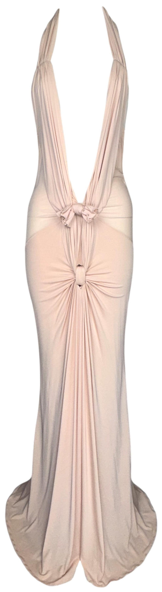 S/S 2003 Christian Dior x John Galliano Plunging 1930's Flapper Style Nude Pink Bow Backless Gown Dress