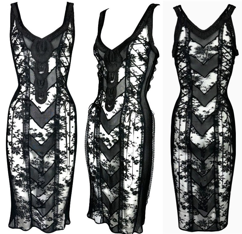 2003 Christian Dior by John Galliano Sheer Black Lace Corset Lace Up Dress