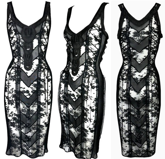 2003 Christian Dior by John Galliano Sheer Black Lace Corset Lace Up Dress