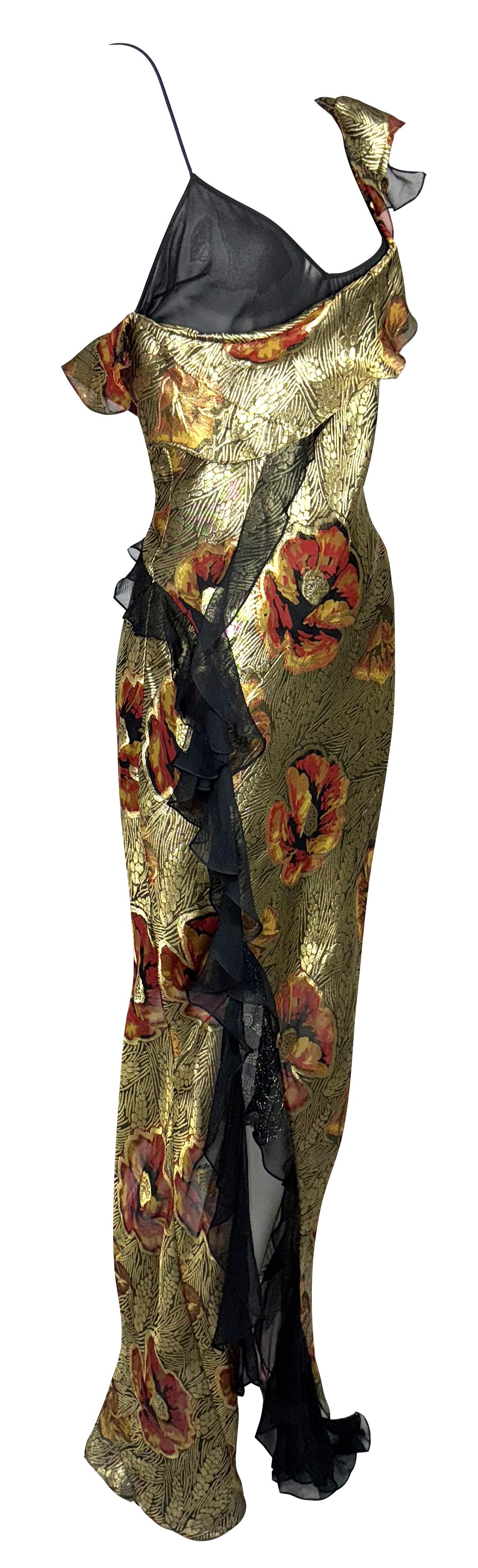 2003 Christian Dior by John Galliano Sheer Black Silk & Gold Floral Ruffle Maxi Dress