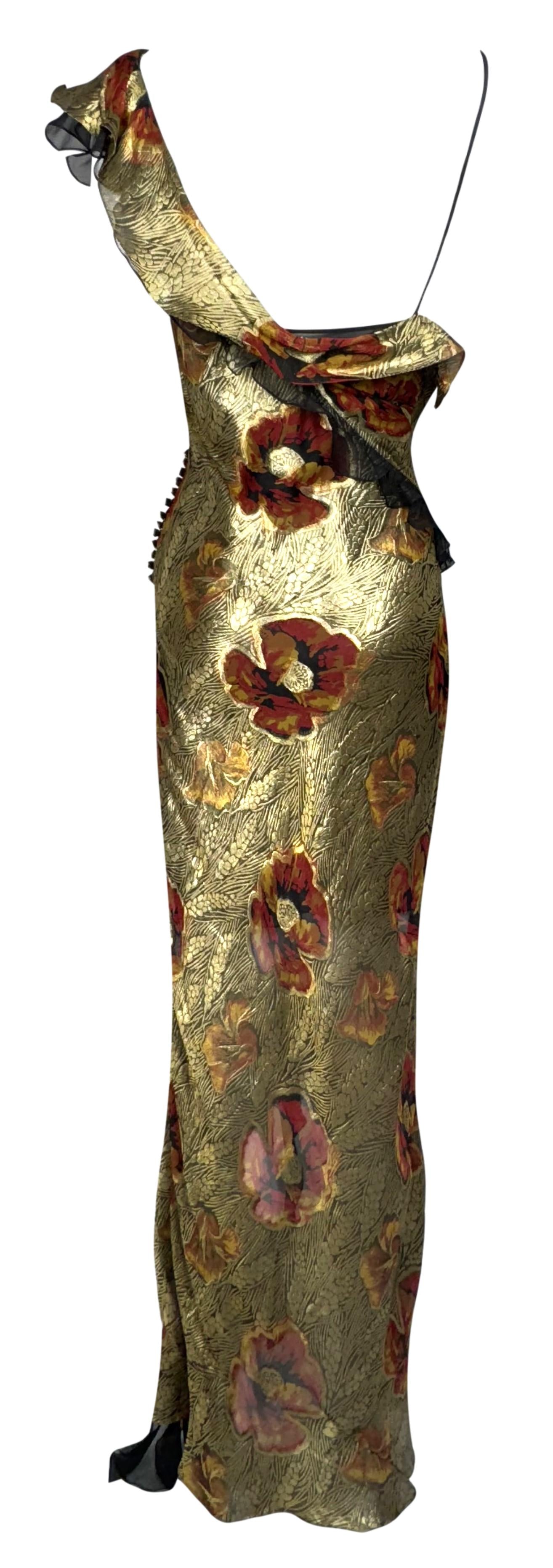 2003 Christian Dior by John Galliano Sheer Black Silk & Gold Floral Ruffle Maxi Dress