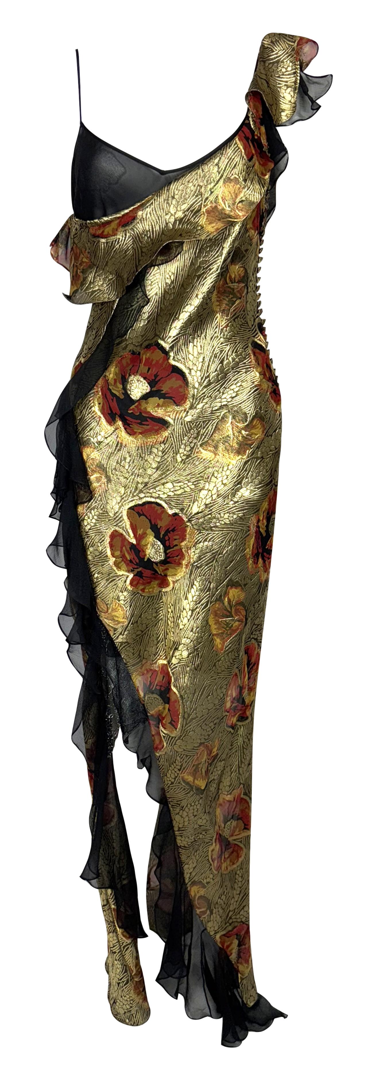 2003 Christian Dior by John Galliano Sheer Black Silk & Gold Floral Ruffle Maxi Dress