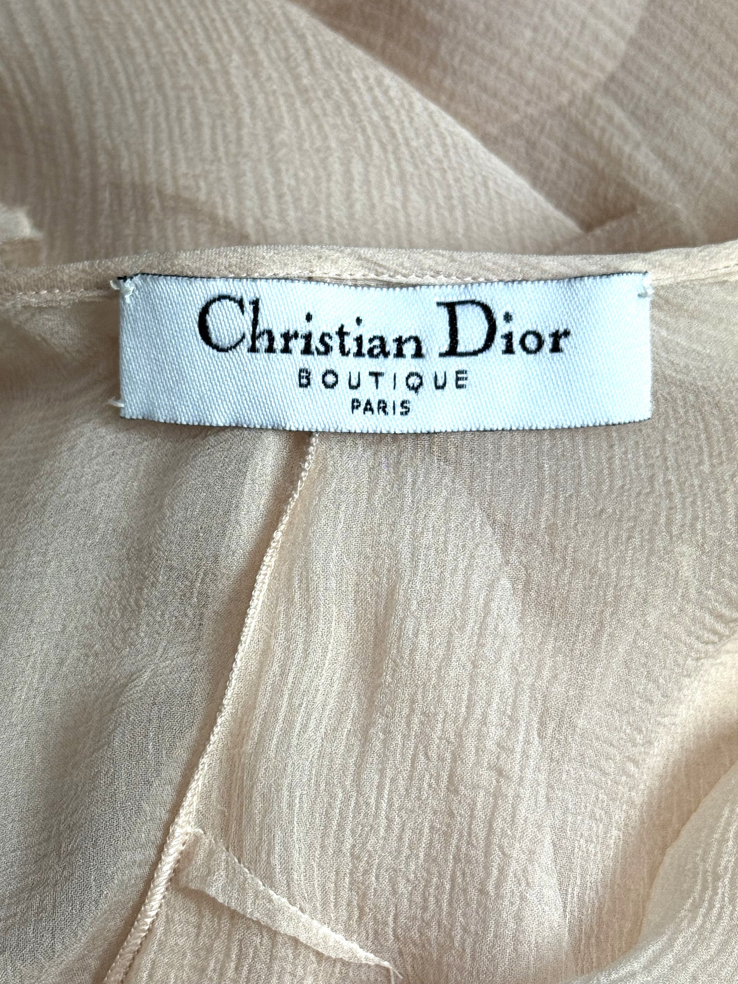 C. 2003 Christian Dior x John Galliano Sheer Nude Silk Plunging Back Ruffle Off Shoulder Maxi Dress