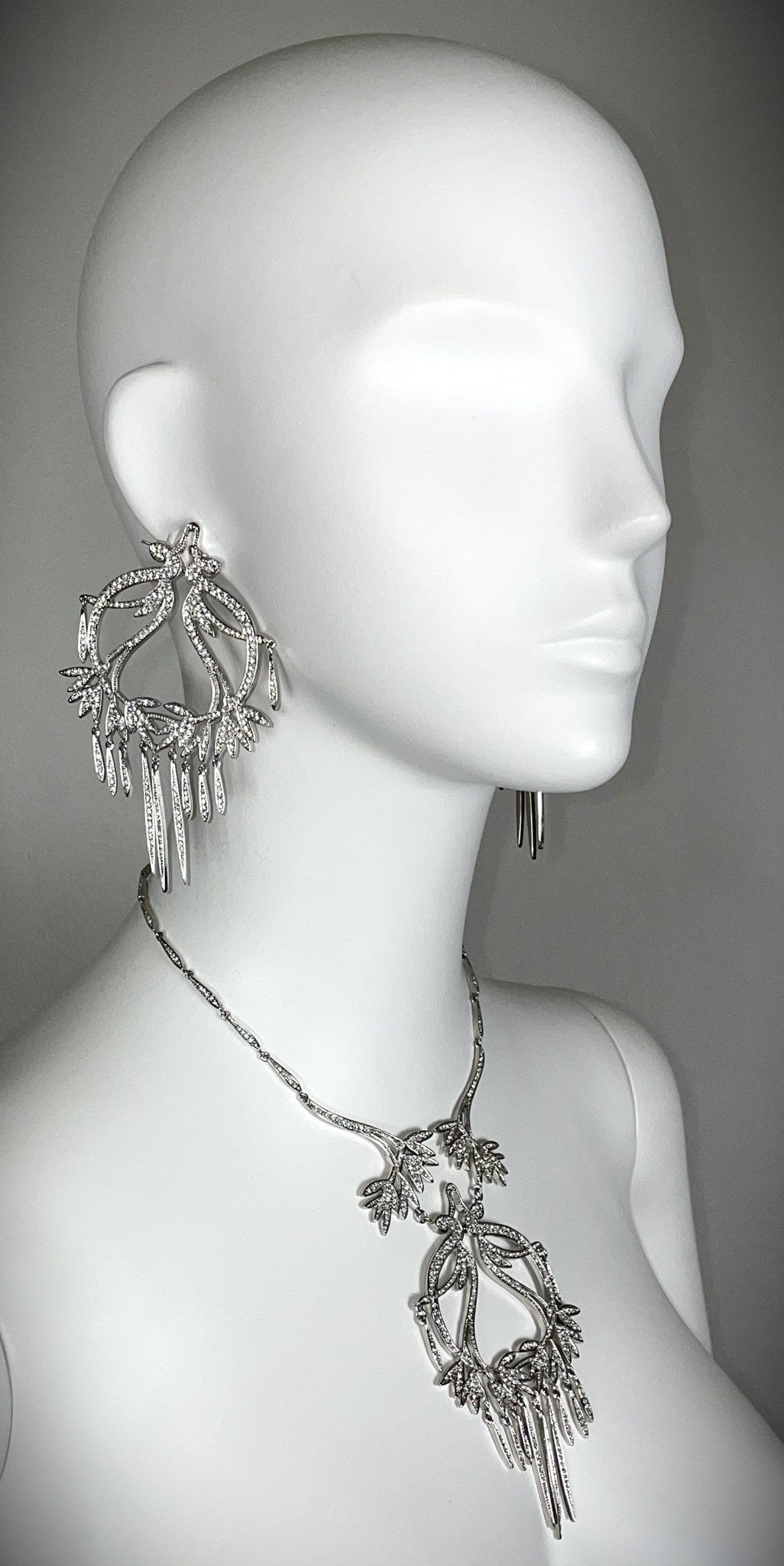 C. 2003 Christian Dior by John Galliano Chinoiserie Asian Inspired Large Silver Crystal Earrings Necklace & Bracelet