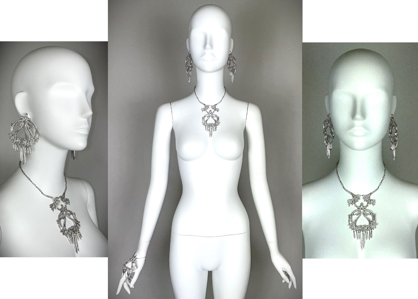 C. 2003 Christian Dior by John Galliano Chinoiserie Asian Inspired Large Silver Crystal Earrings Necklace & Bracelet