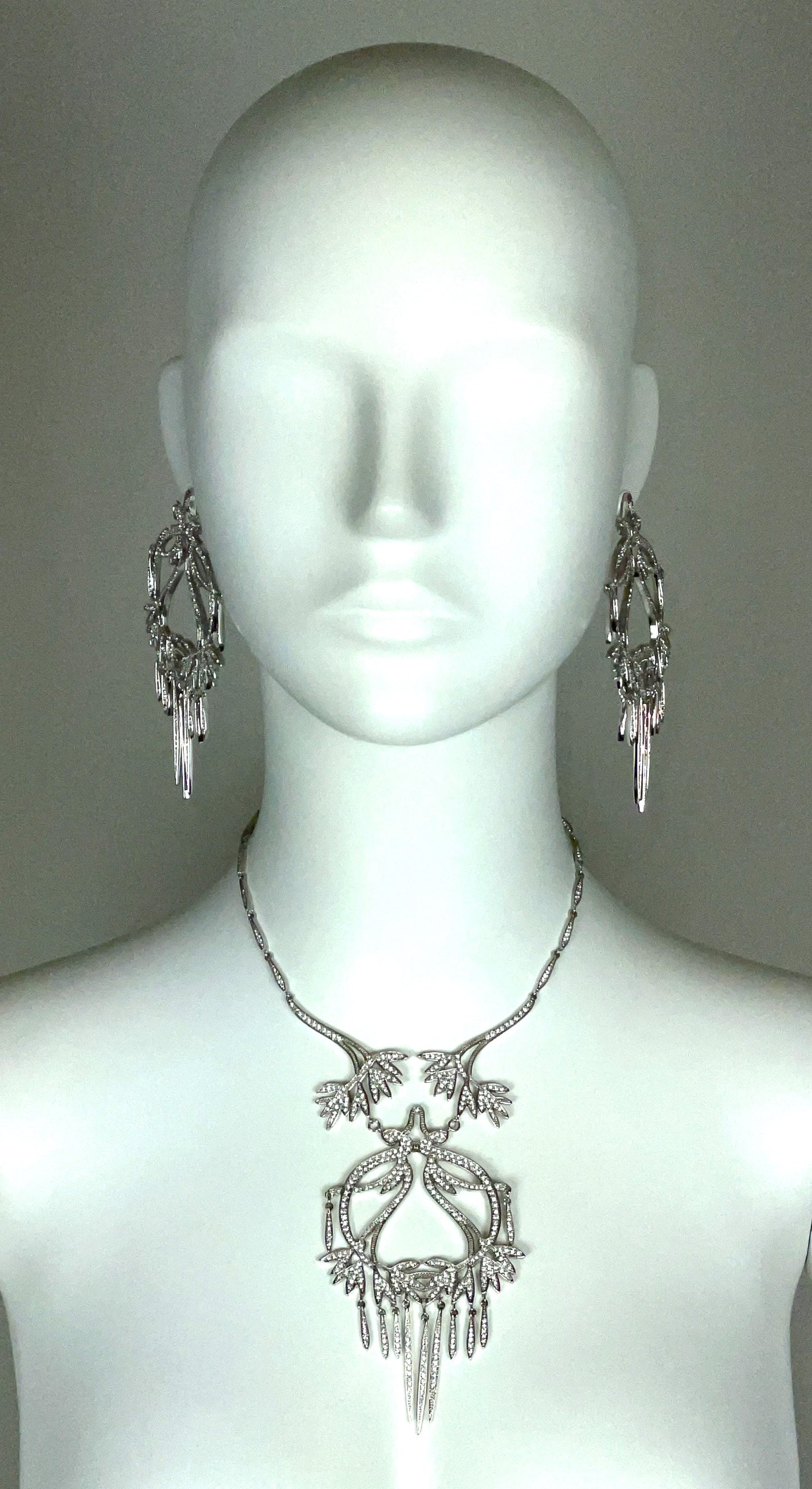 C. 2003 Christian Dior by John Galliano Chinoiserie Asian Inspired Large Silver Crystal Earrings Necklace & Bracelet