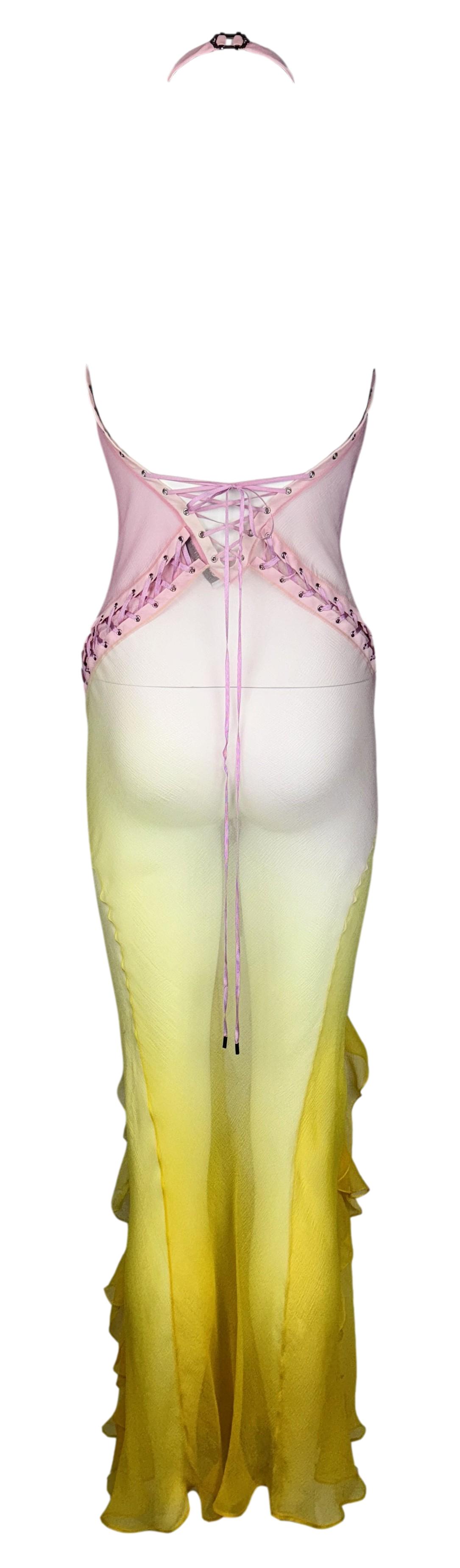 S/S 2004 Christian Dior by John Galliano Sheer Pink & Yellow Silk Hardcore Corset Maxi Dress