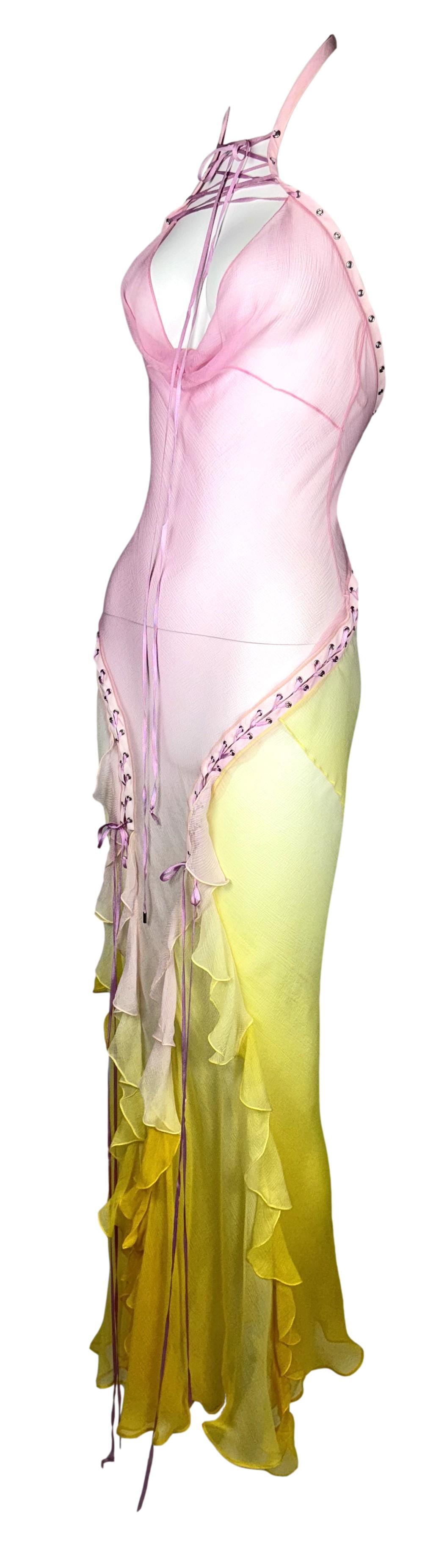 S/S 2004 Christian Dior by John Galliano Sheer Pink & Yellow Silk Hardcore Corset Maxi Dress