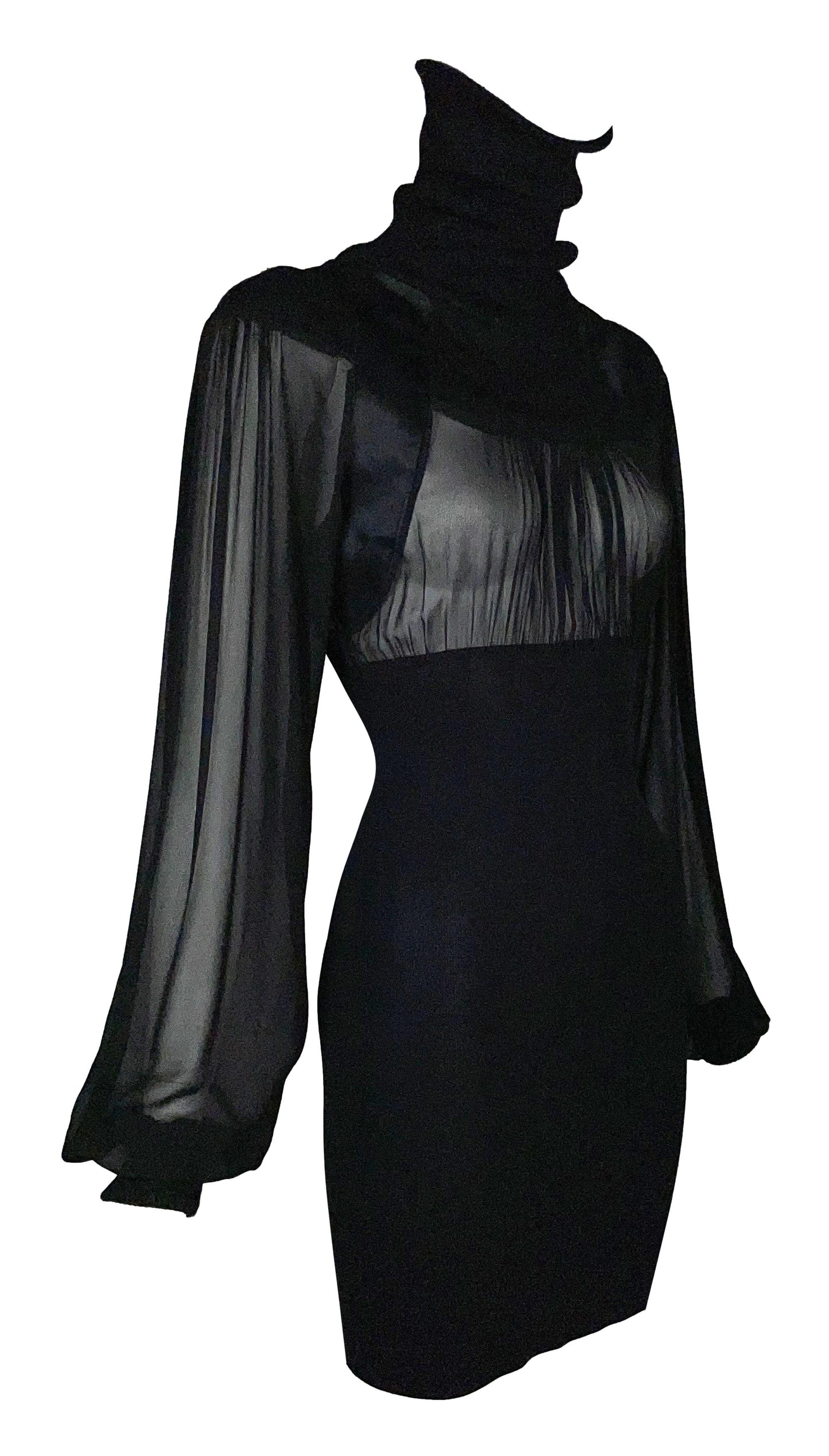 C. 2003 Gianfranco Ferre Sheer Black Silk High Neck Bodycon Mini Dress