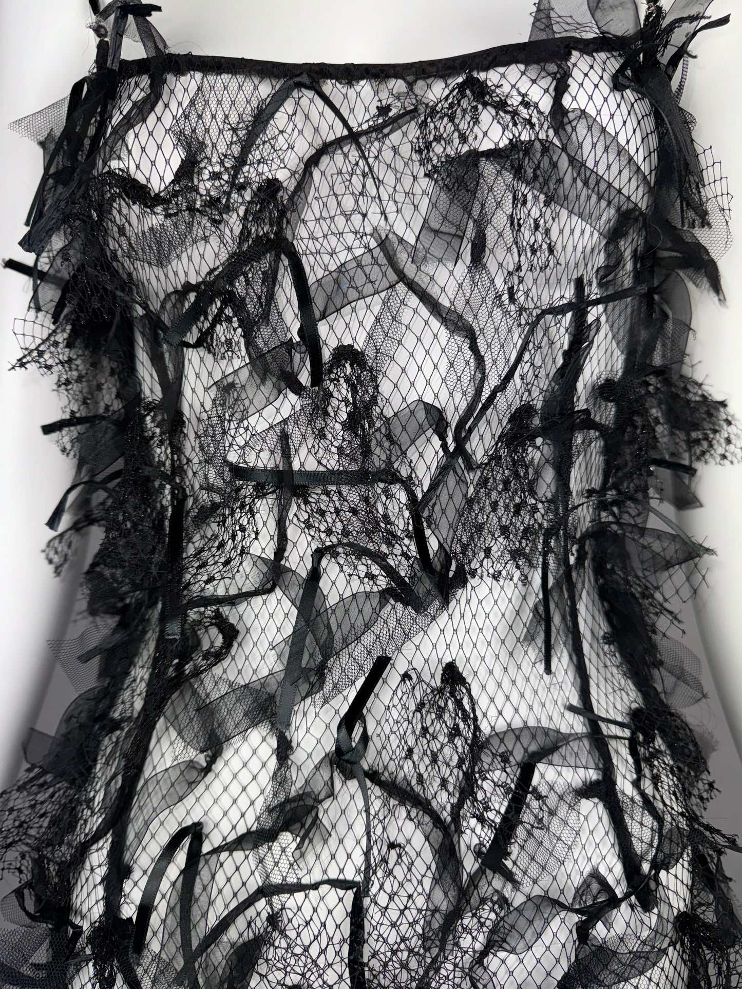 NWT C. 2003 Gianfranco Ferre Sheer Black Fishnet Bow Embellished Necklace Strap Mini Dress