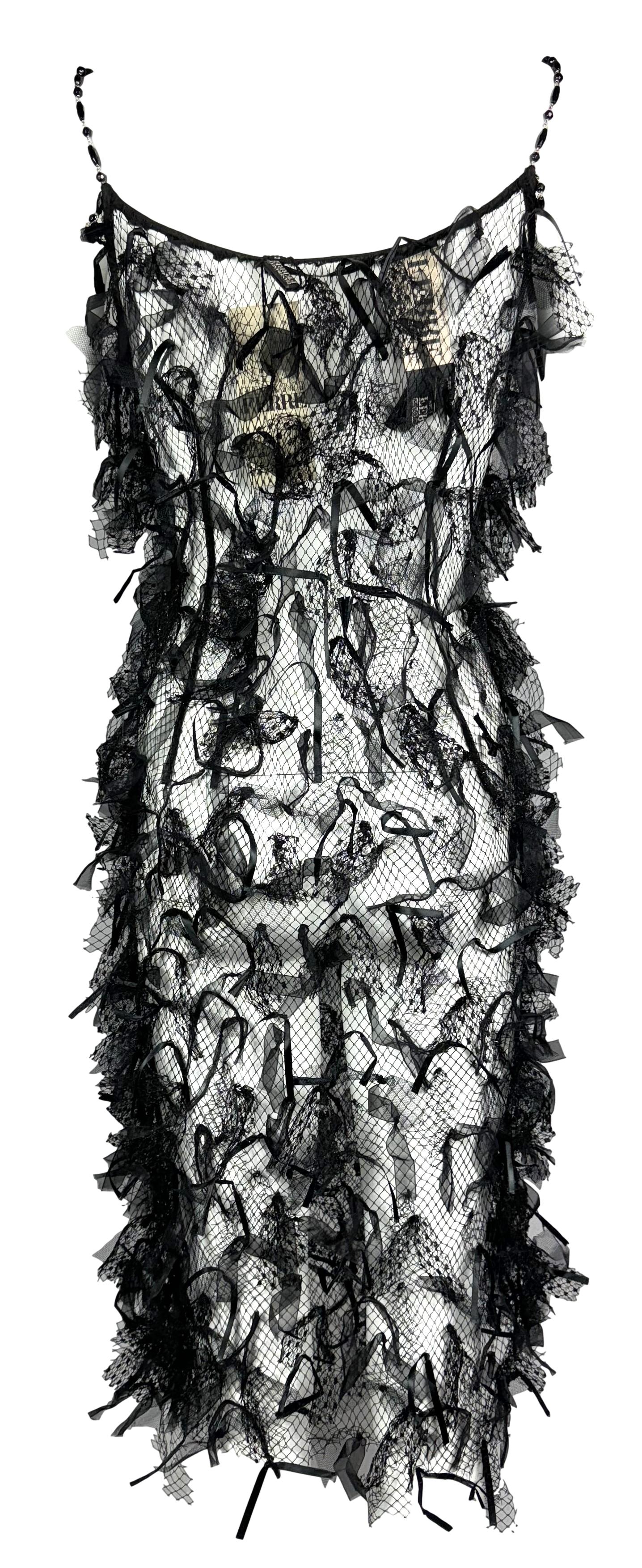 NWT C. 2003 Gianfranco Ferre Sheer Black Fishnet Bow Embellished Necklace Strap Mini Dress