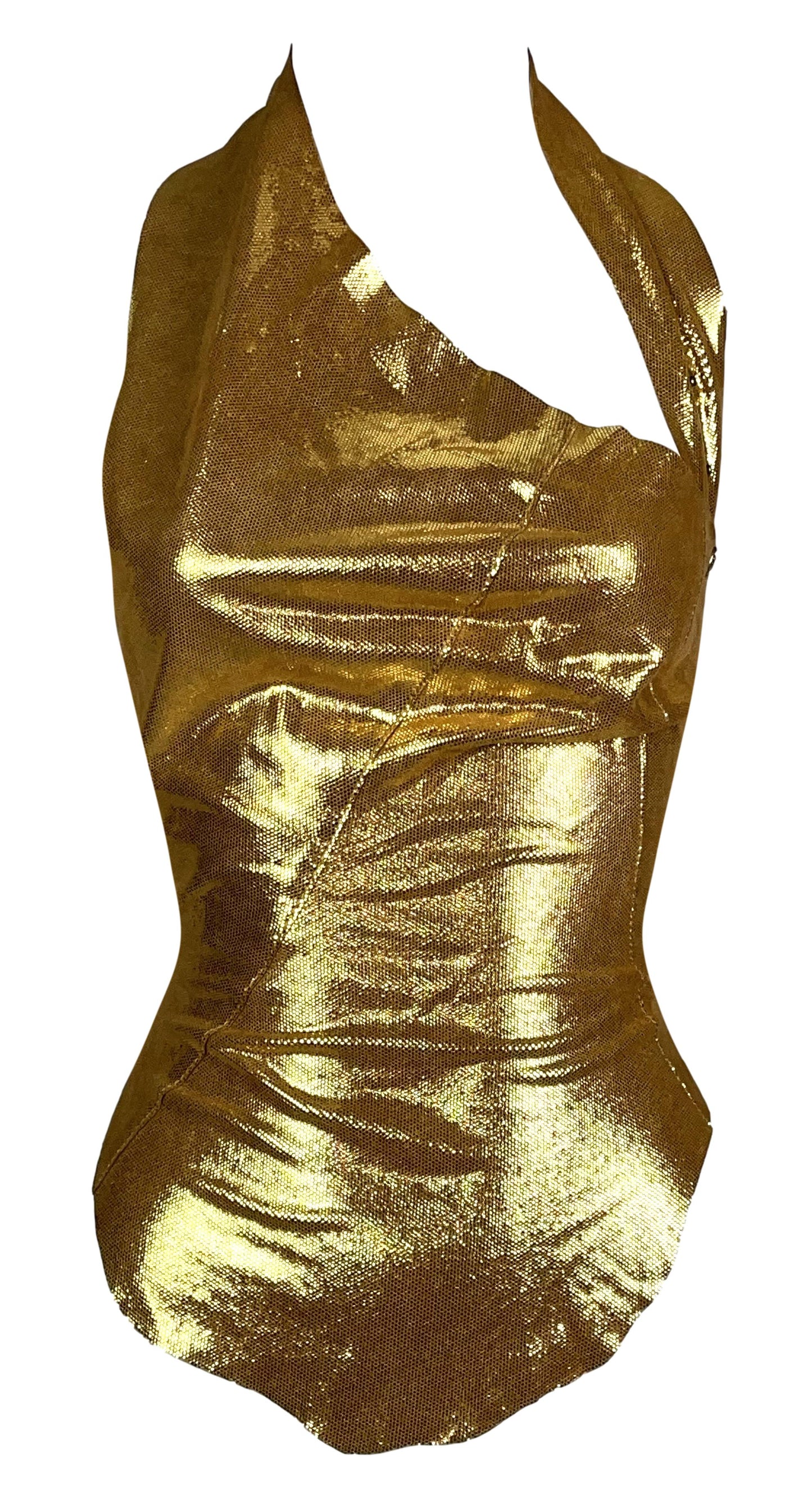 F/W 2002 Dolce & Gabbana Gold Leather Bodycon Halter Corset Top 38