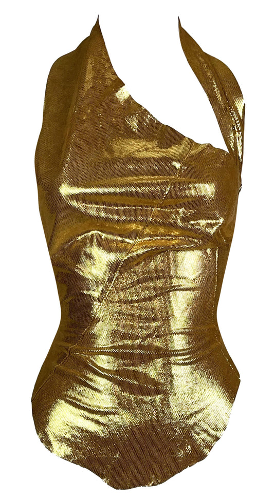 2000's Dolce & Gabbana Gold Leather Bodycon Halter Corset Top 38
