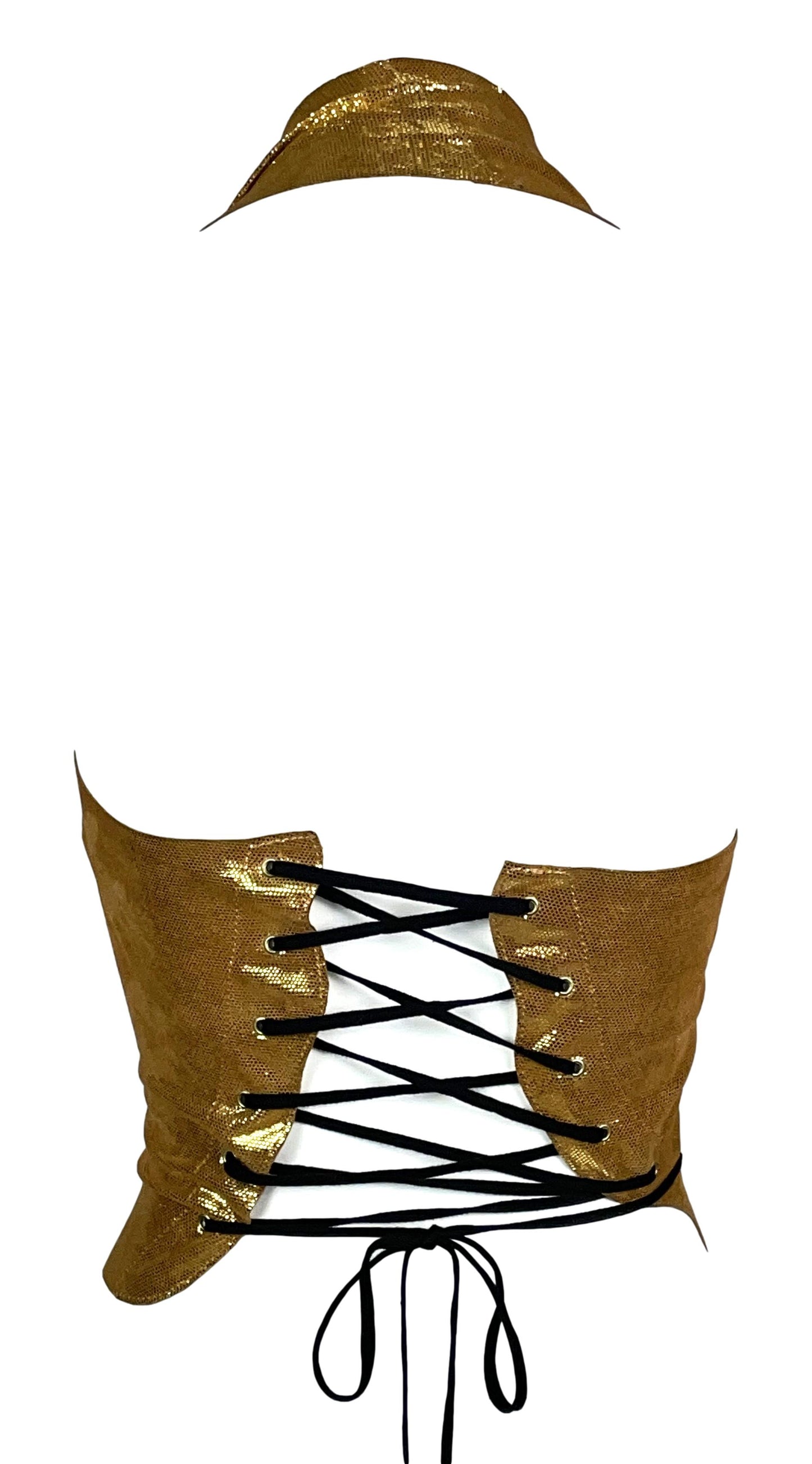 F/W 2002 Dolce & Gabbana Gold Leather Bodycon Halter Corset Top 38