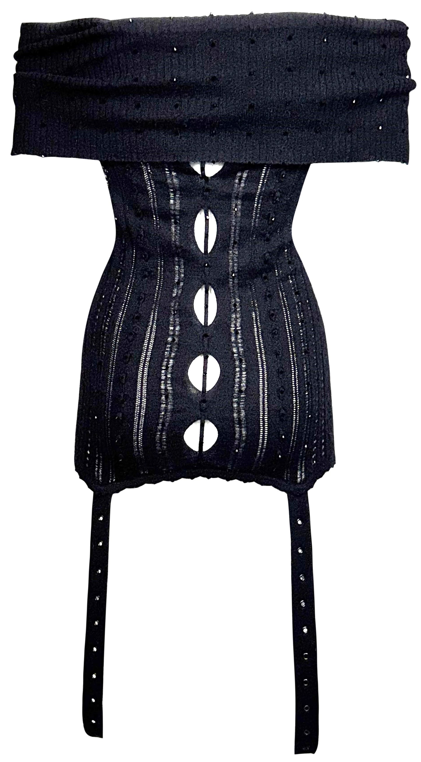 F/W 2003 Christian Dior by John Galliano Sheer Black Knit Cut-Out Off Shoulder Lingerie Garter Straps Tunic Top Mini Dress