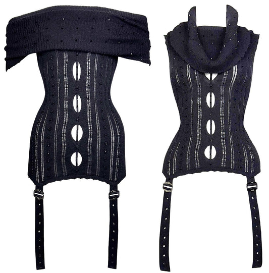 F/W 2003 Christian Dior by John Galliano Sheer Black Knit Cut-Out Off Shoulder Lingerie Garter Straps Tunic Top Mini Dress