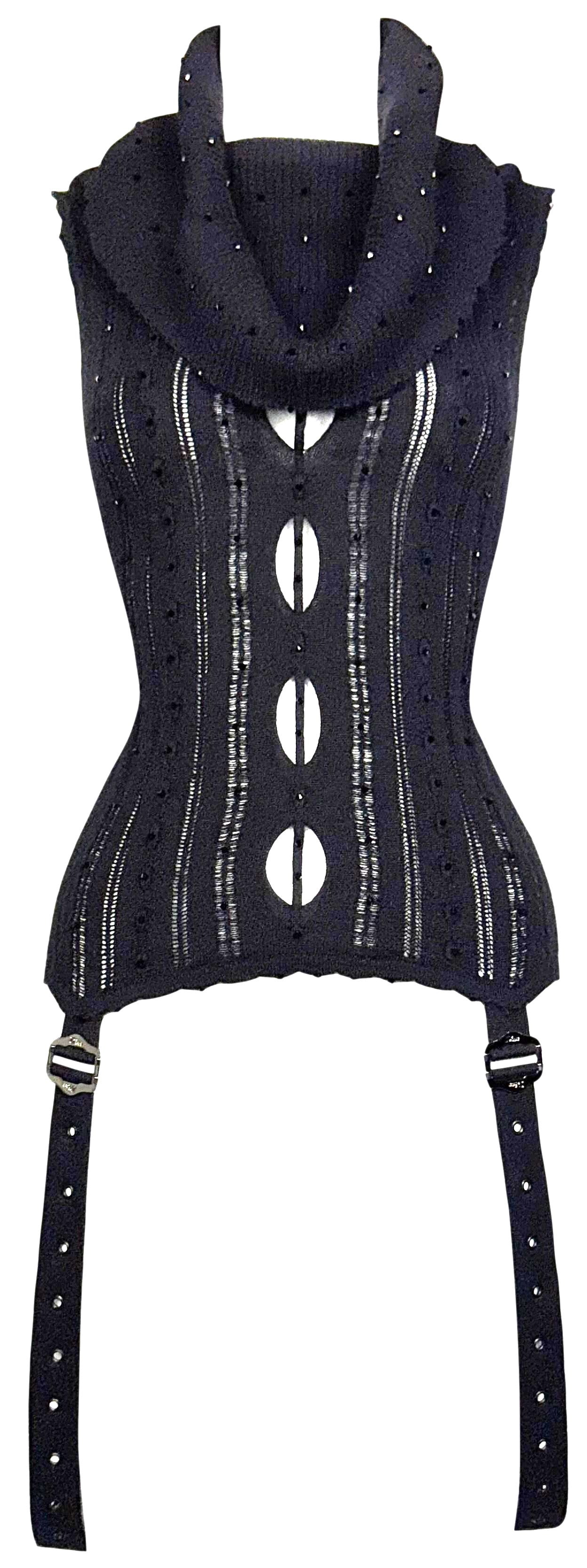F/W 2003 Christian Dior by John Galliano Sheer Black Knit Cut-Out Off Shoulder Lingerie Garter Straps Tunic Top Mini Dress