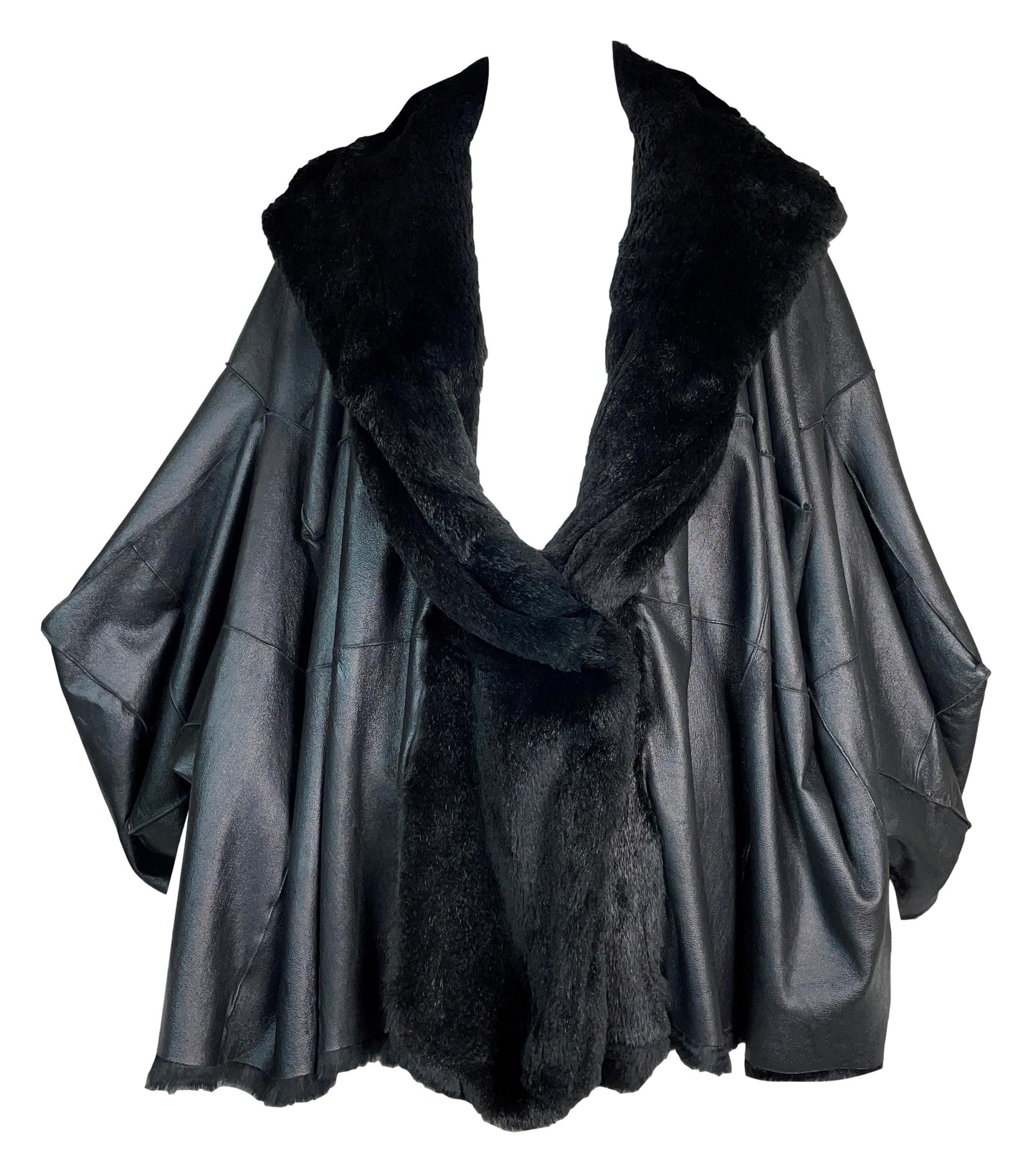 F/W 2003 Christian Dior by John Galliano Runway Black Leather Kimono Style Sleeves Baggy Fur Jacket Coat