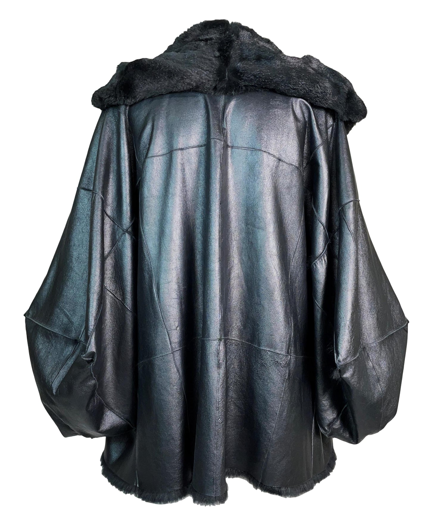 F/W 2003 Christian Dior by John Galliano Runway Black Leather Kimono Style Sleeves Baggy Fur Jacket Coat