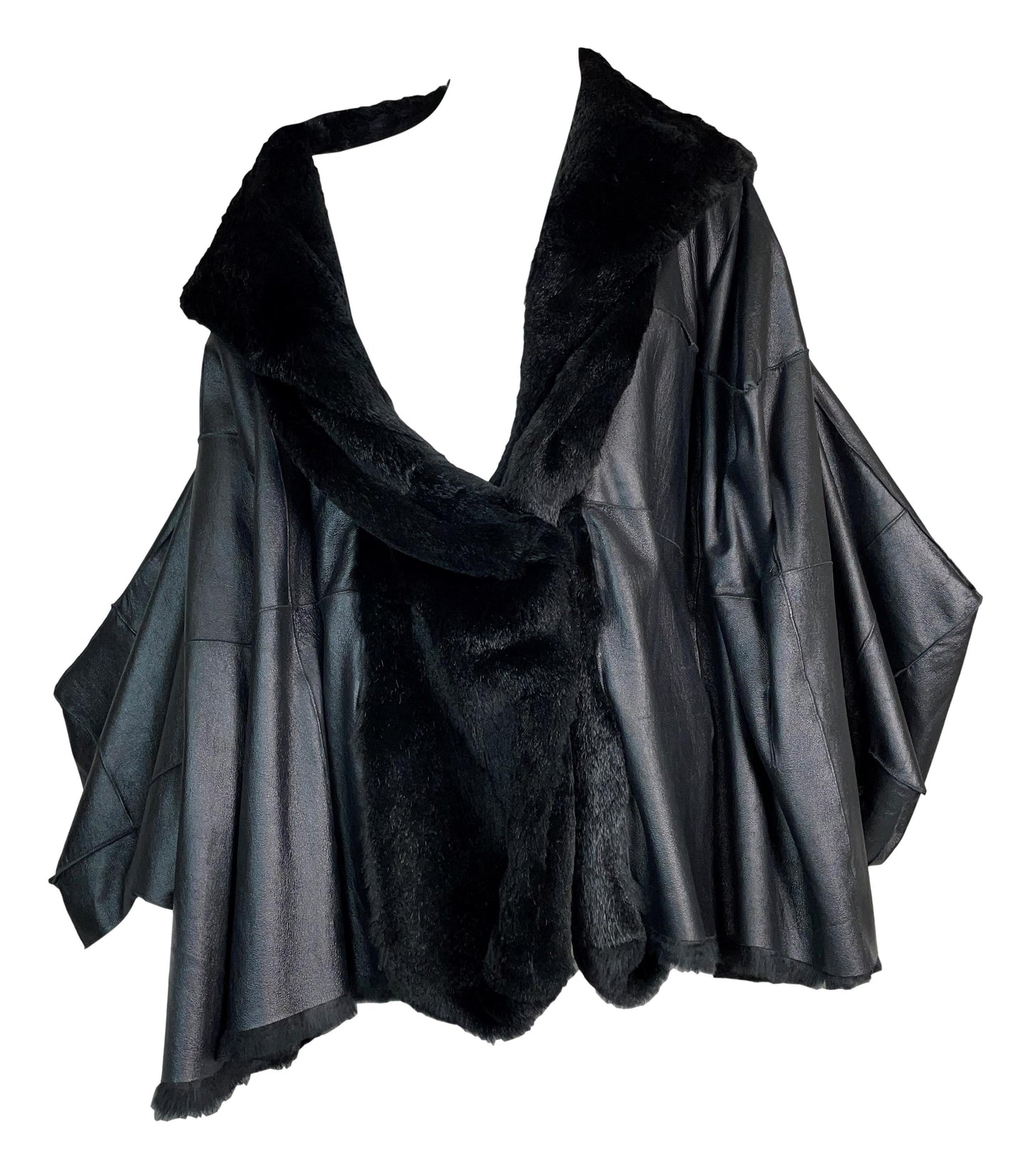 F/W 2003 Christian Dior by John Galliano Runway Black Leather Kimono Style Sleeves Baggy Fur Jacket Coat