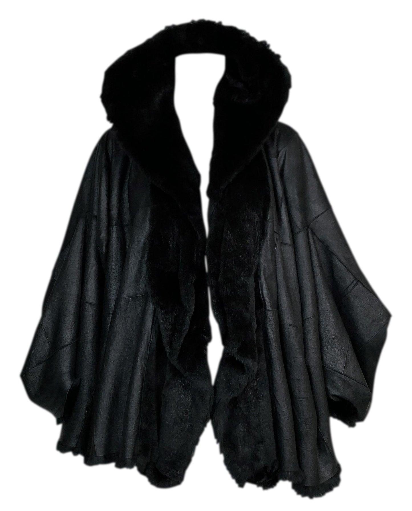 F/W 2003 Christian Dior by John Galliano Runway Black Leather Kimono Style Sleeves Baggy Fur Jacket Coat