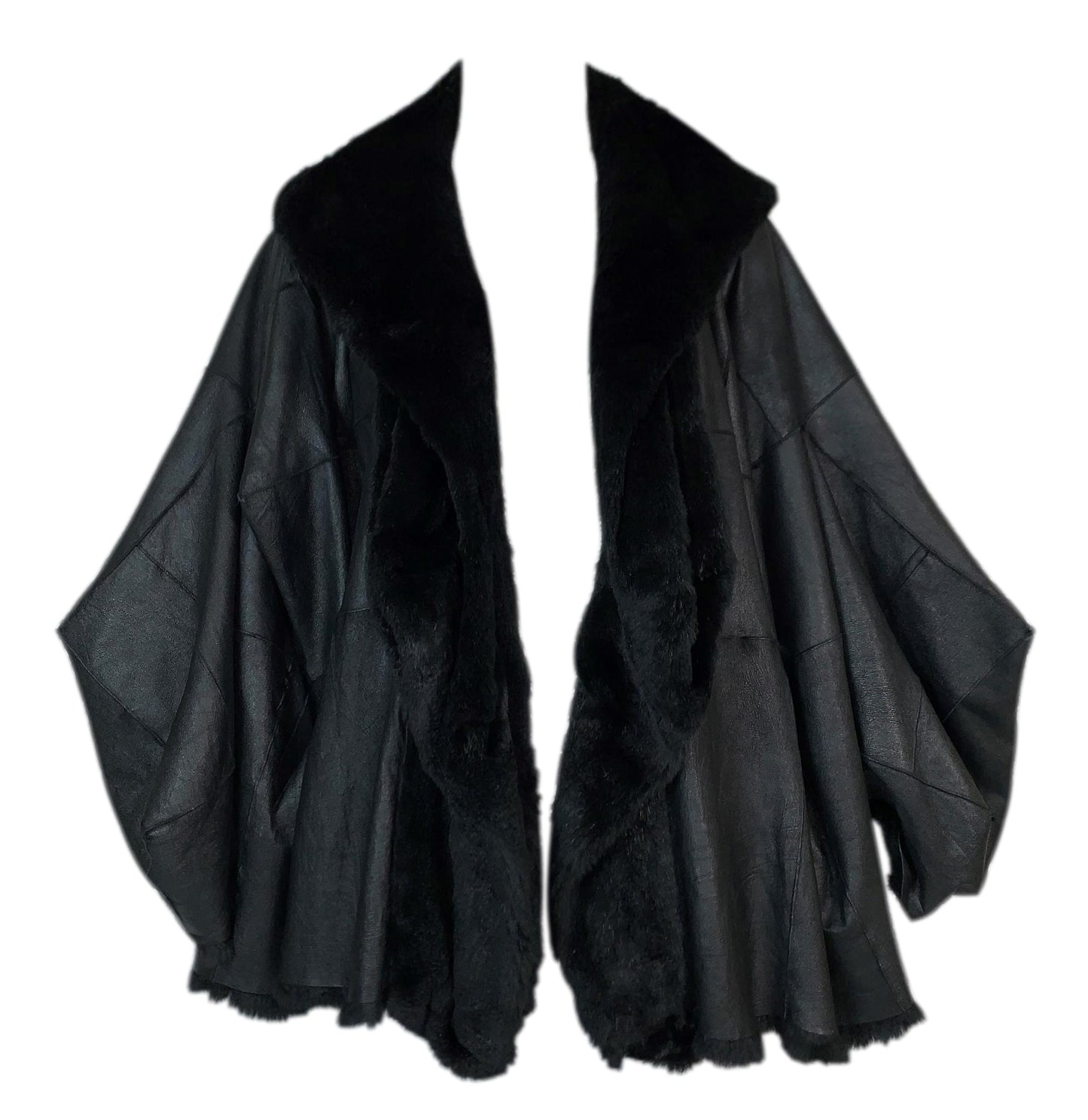 F/W 2003 Christian Dior by John Galliano Runway Black Leather Kimono Style Sleeves Baggy Fur Jacket Coat