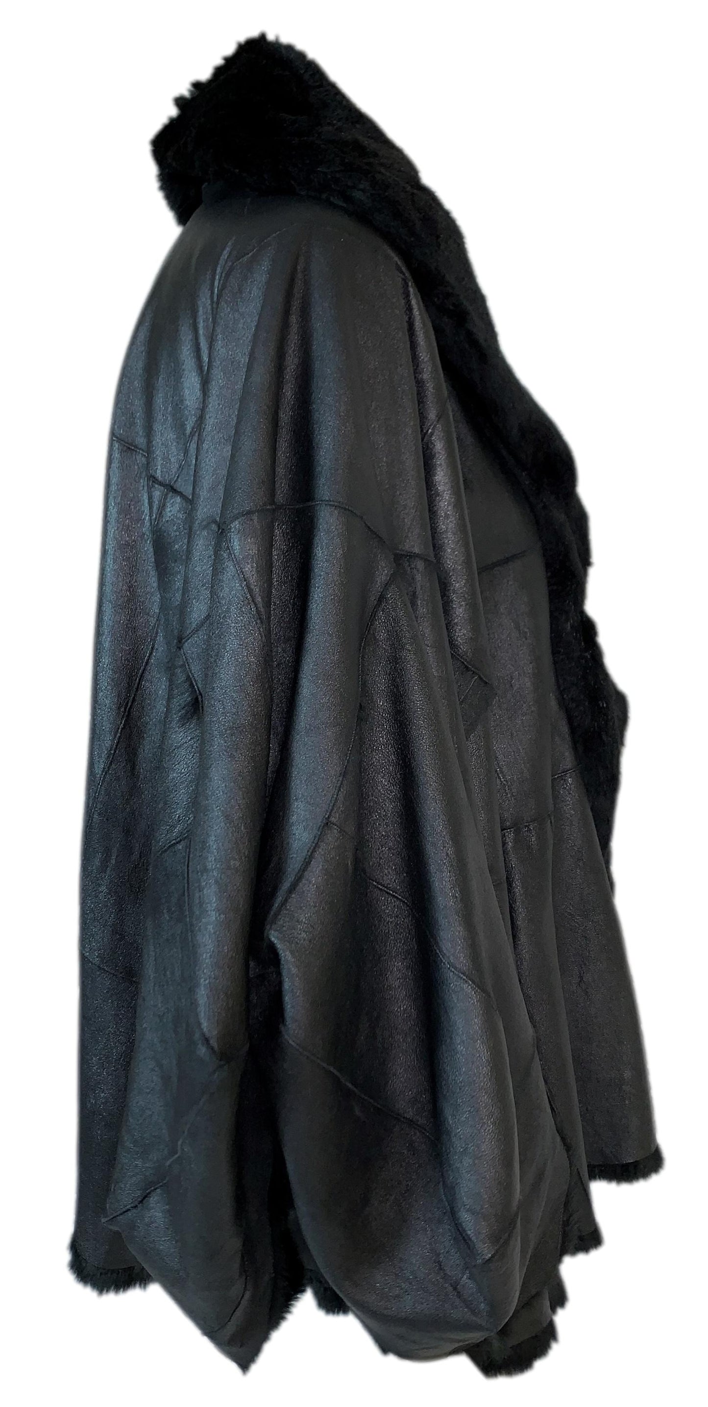 F/W 2003 Christian Dior by John Galliano Runway Black Leather Kimono Style Sleeves Baggy Fur Jacket Coat