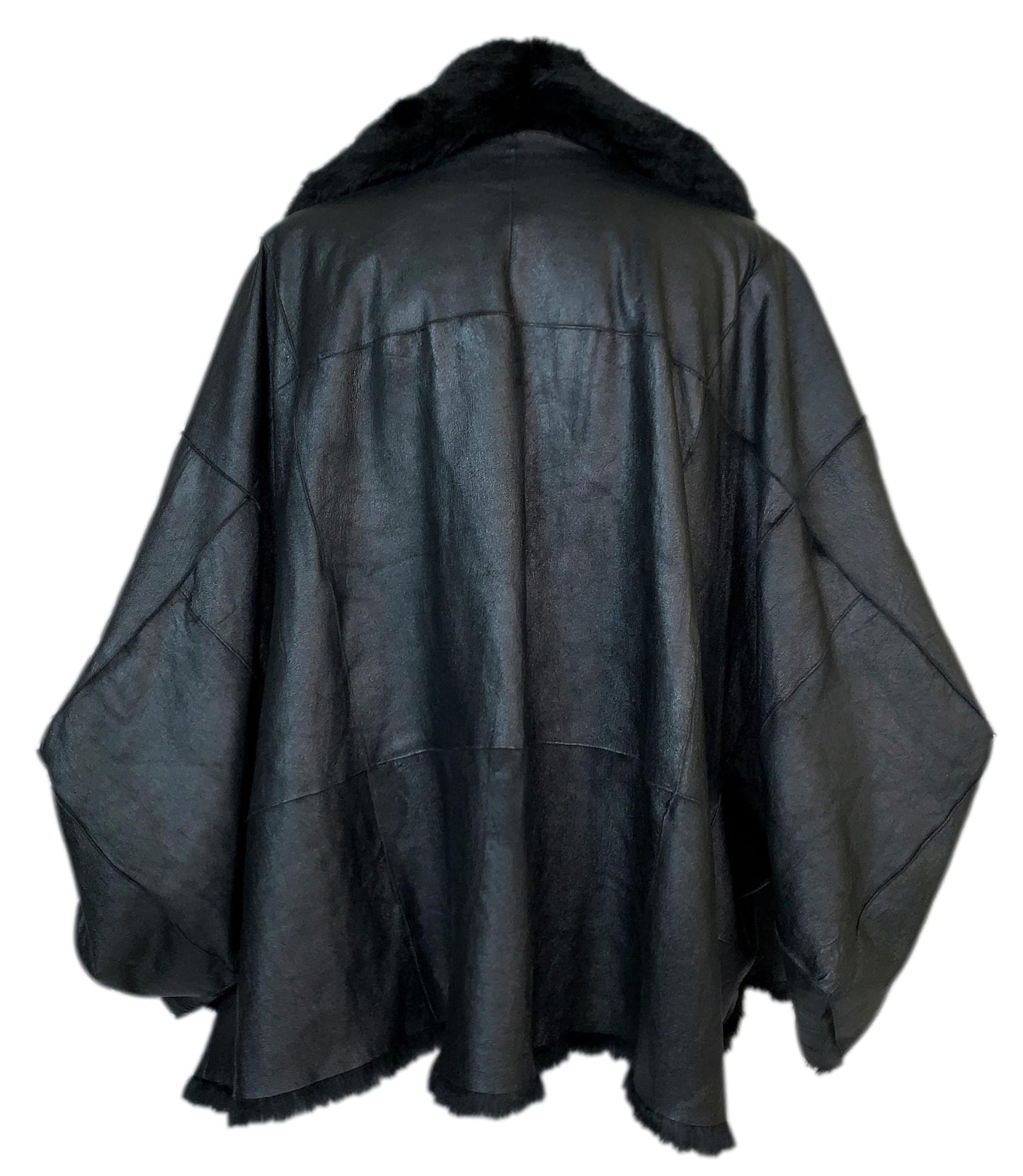 F/W 2003 Christian Dior by John Galliano Runway Black Leather Kimono Style Sleeves Baggy Fur Jacket Coat