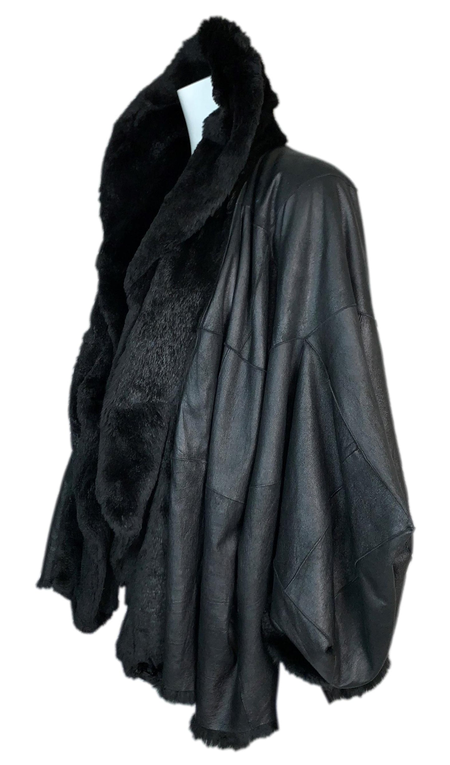 F/W 2003 Christian Dior by John Galliano Runway Black Leather Kimono Style Sleeves Baggy Fur Jacket Coat