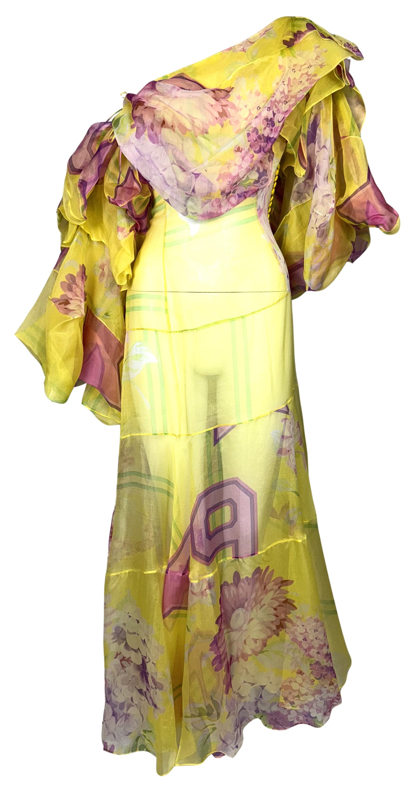 F/W 2003 Christian Dior by John Galliano Runway Harajuku Off Shoulder Sheer Yellow Silk & Pink Maxi Dress