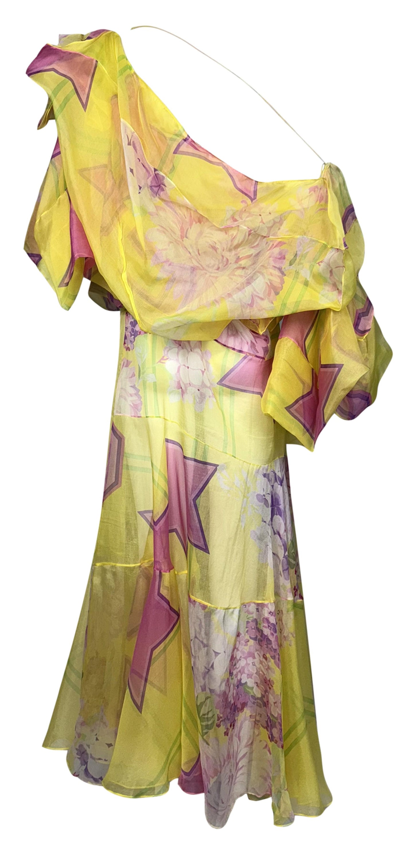 F/W 2003 Christian Dior by John Galliano Runway Harajuku Off Shoulder Sheer Yellow Silk & Pink Maxi Dress