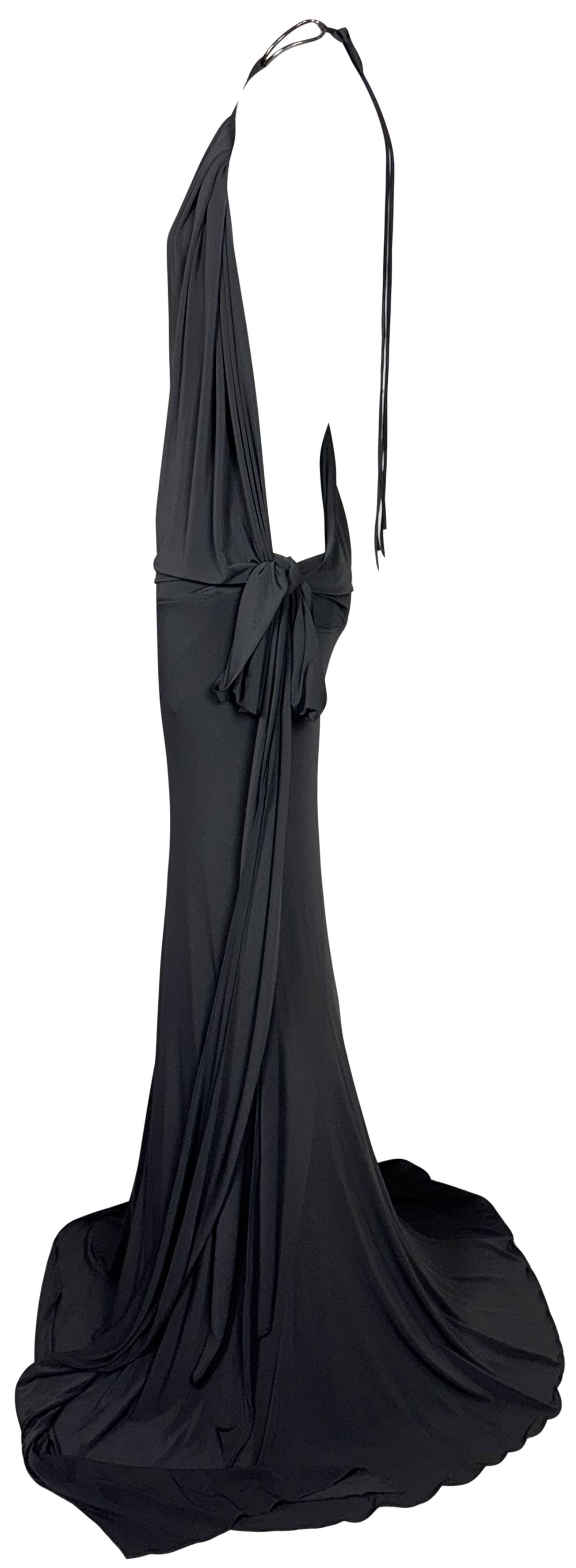 F/W 2003 Donna Karan Dark Gray Plunging Backless Silver Choker Necklace Gown Dress w Train