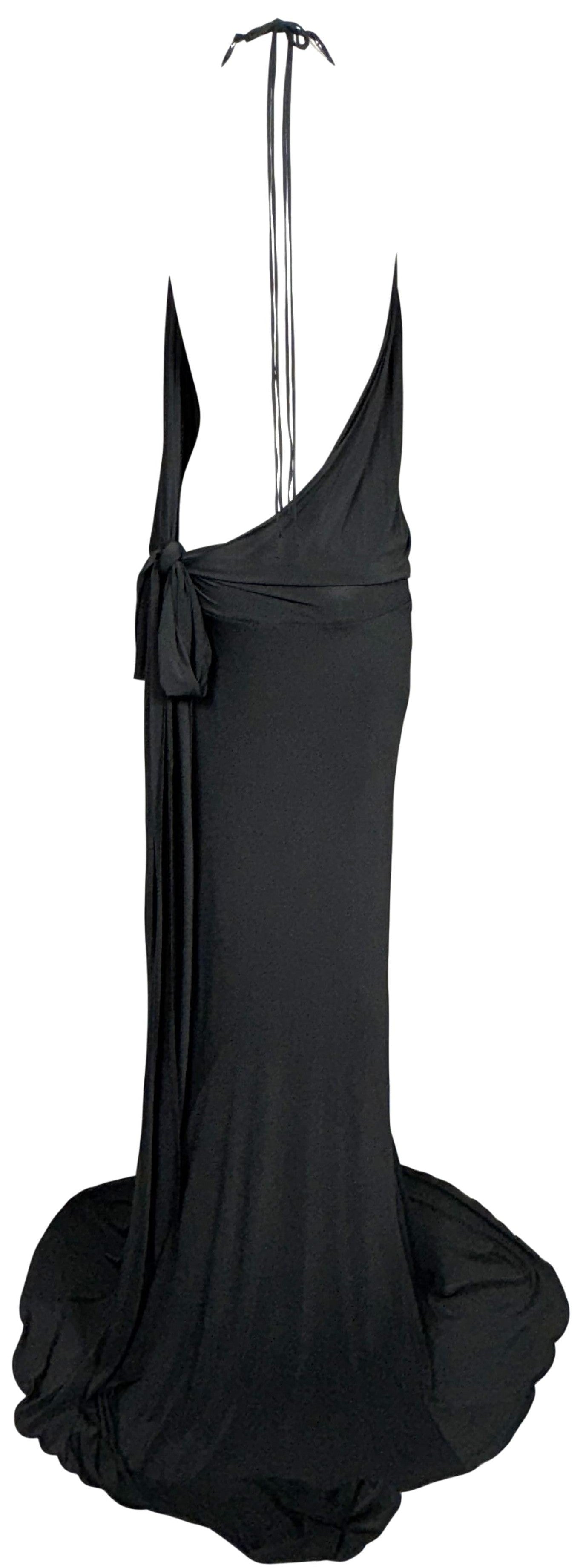 F/W 2003 Donna Karan Dark Gray Plunging Backless Silver Choker Necklace Gown Dress w Train