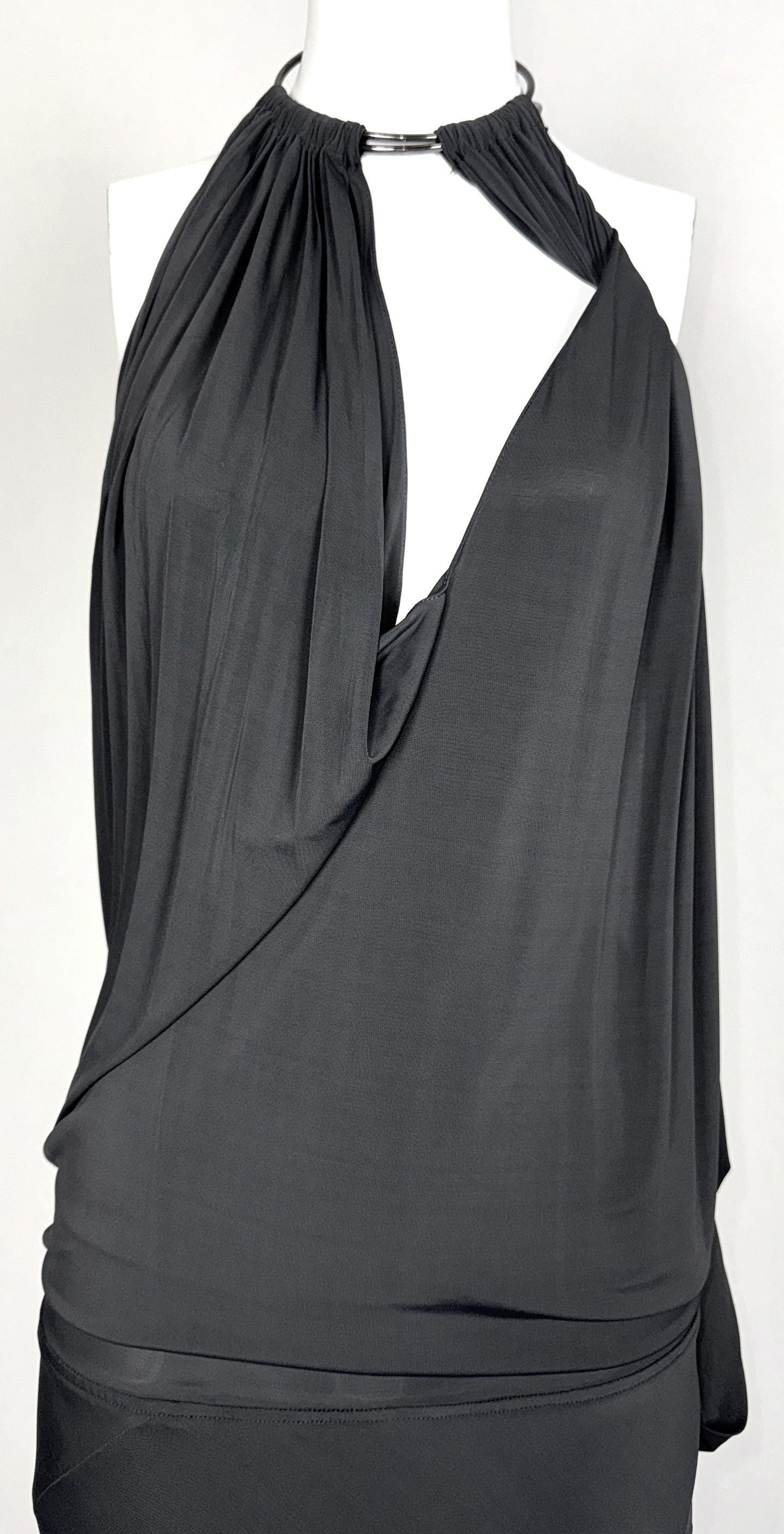 F/W 2003 Donna Karan Dark Gray Plunging Backless Silver Choker Necklace Gown Dress w Train