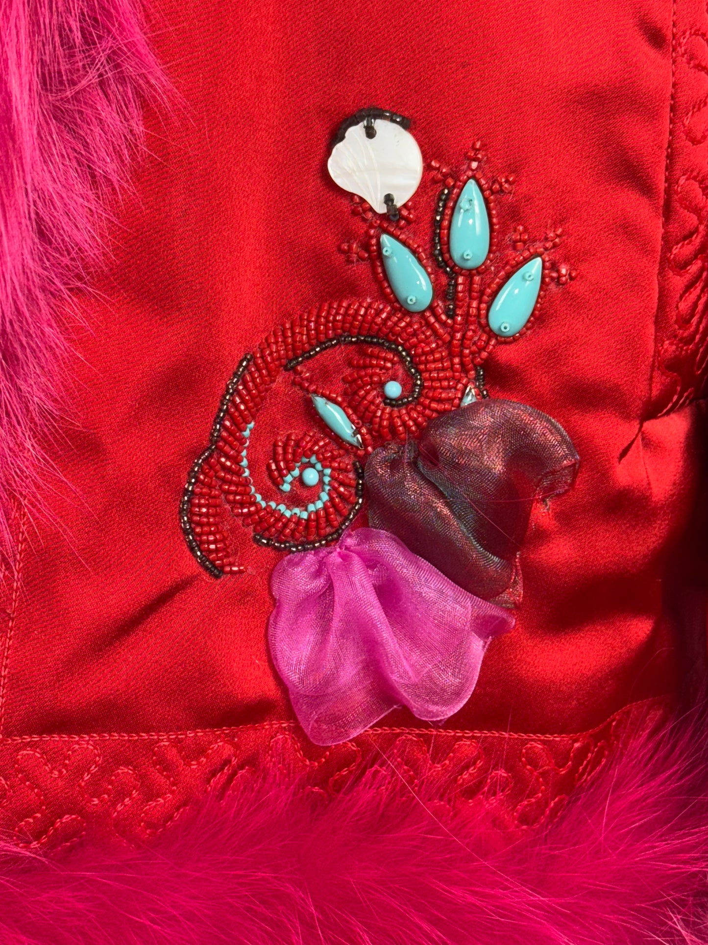 F/W 2003 Gianfranco Ferre Runway Red Silk & Hot Pink Fox Fur Beaded Embellished Coat Jacket