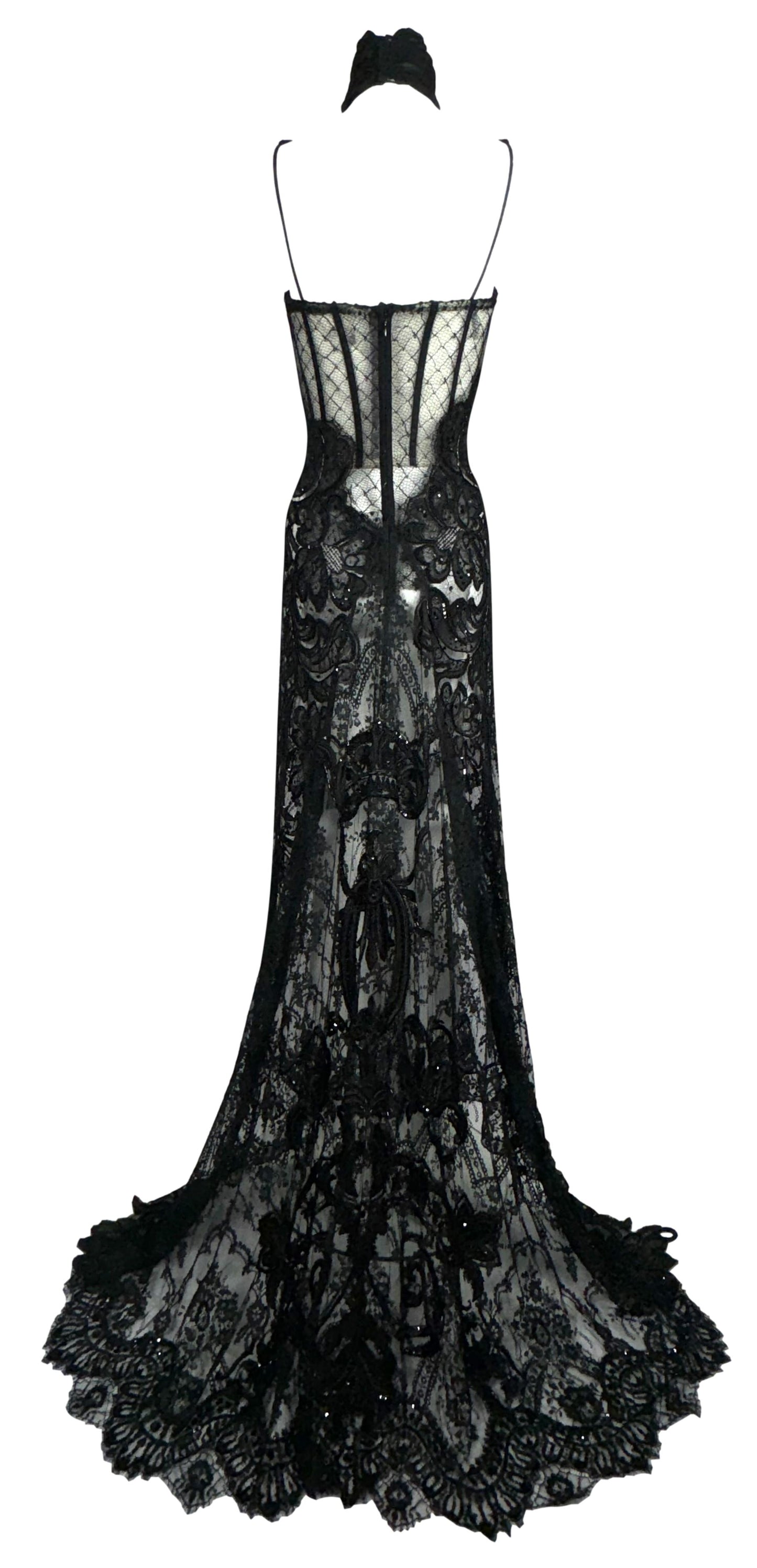 F/W 2003 Gianfranco Ferre Runway Sheer Black Goth Queen High Neck Black Lace & Mesh Gown Dress w Train