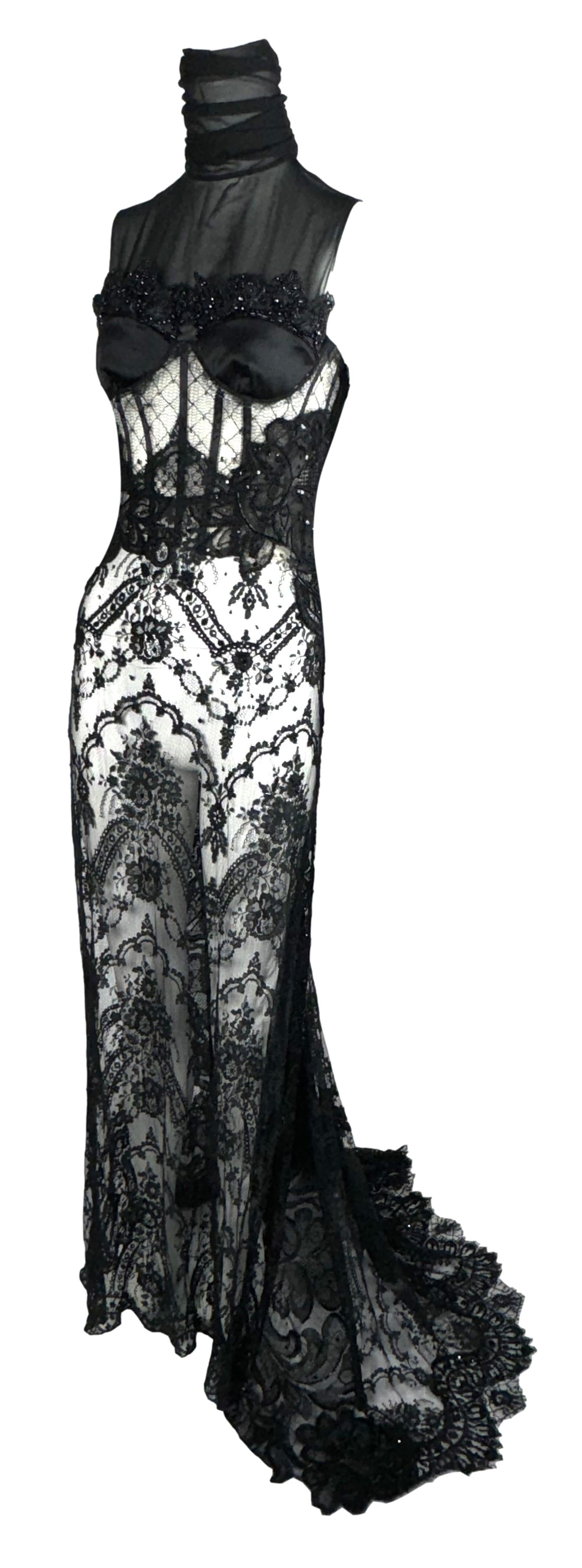 F/W 2003 Gianfranco Ferre Runway Sheer Black Goth Queen High Neck Black Lace & Mesh Gown Dress w Train
